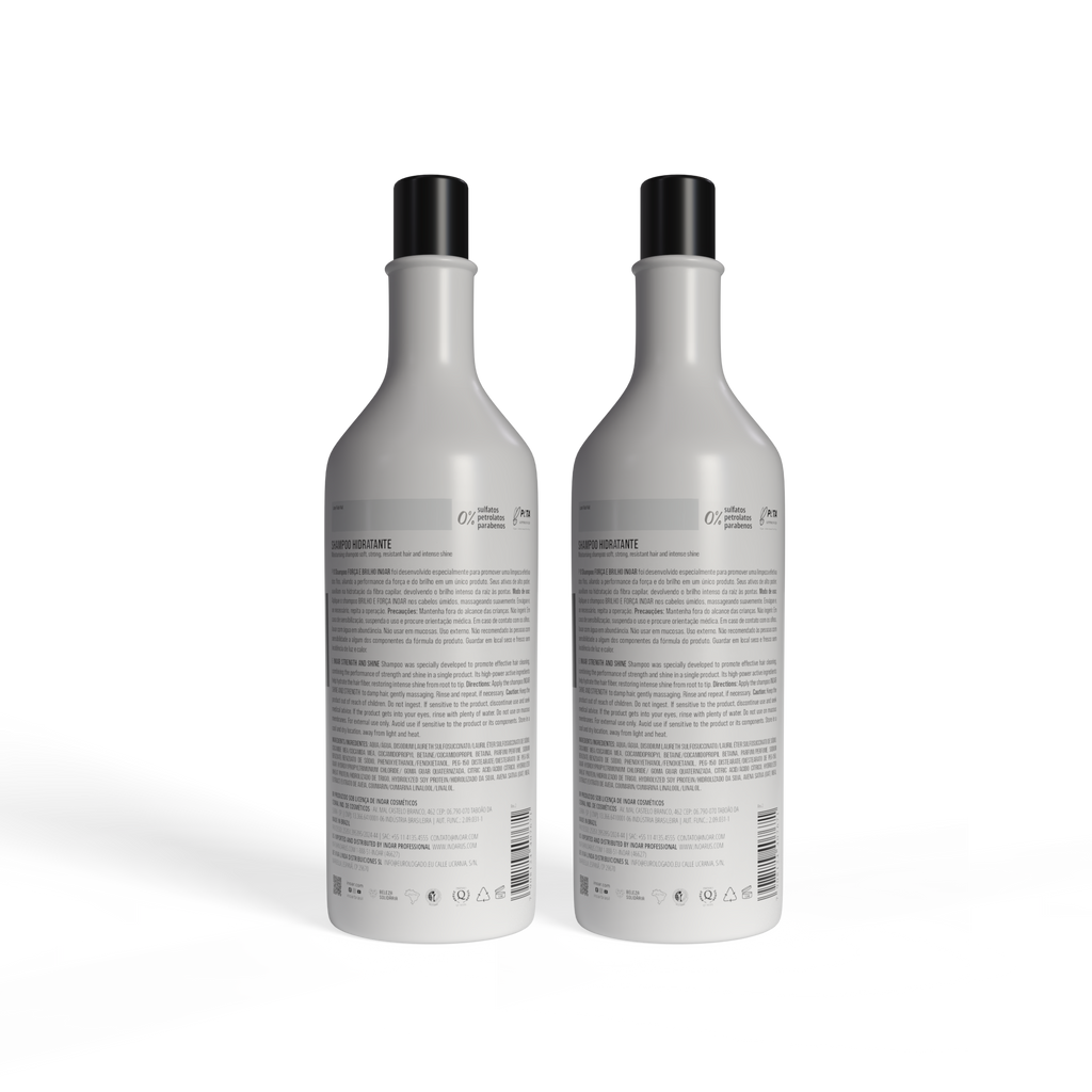 INOAR Strength and Shine Kit close-up. Hydrating shampoo and conditioner for smooth shiny hair
