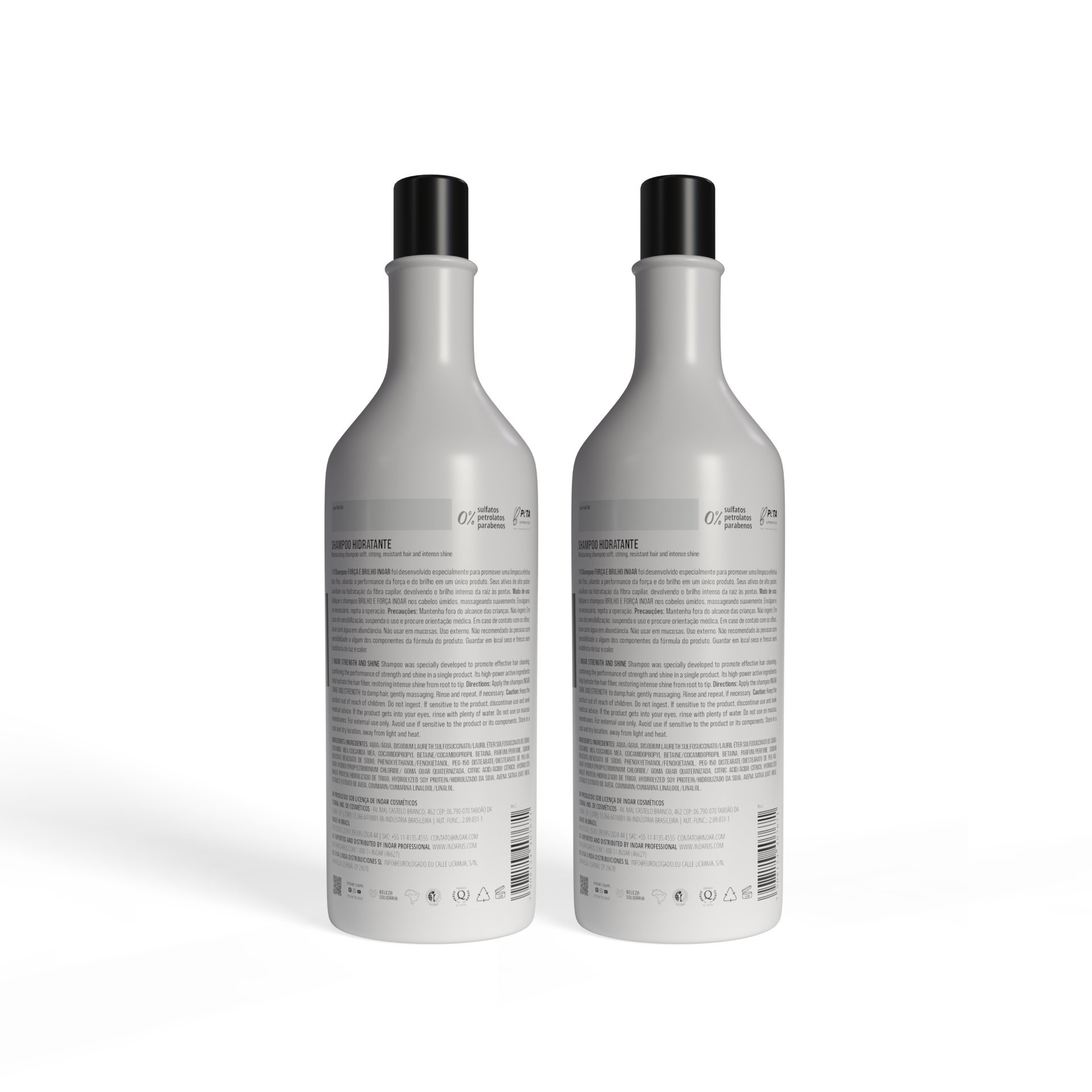 INOAR Strength and Shine Kit close-up. Hydrating shampoo and conditioner for smooth shiny hair