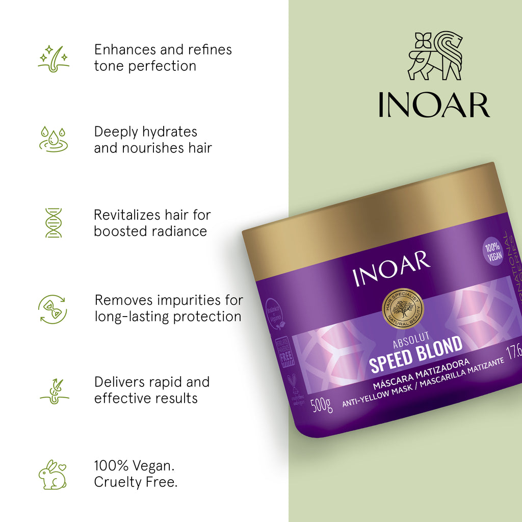 INOAR Speed Blond mask for highlighted and bleached hair. Deep hydrating blonde hair mask for softness and shine