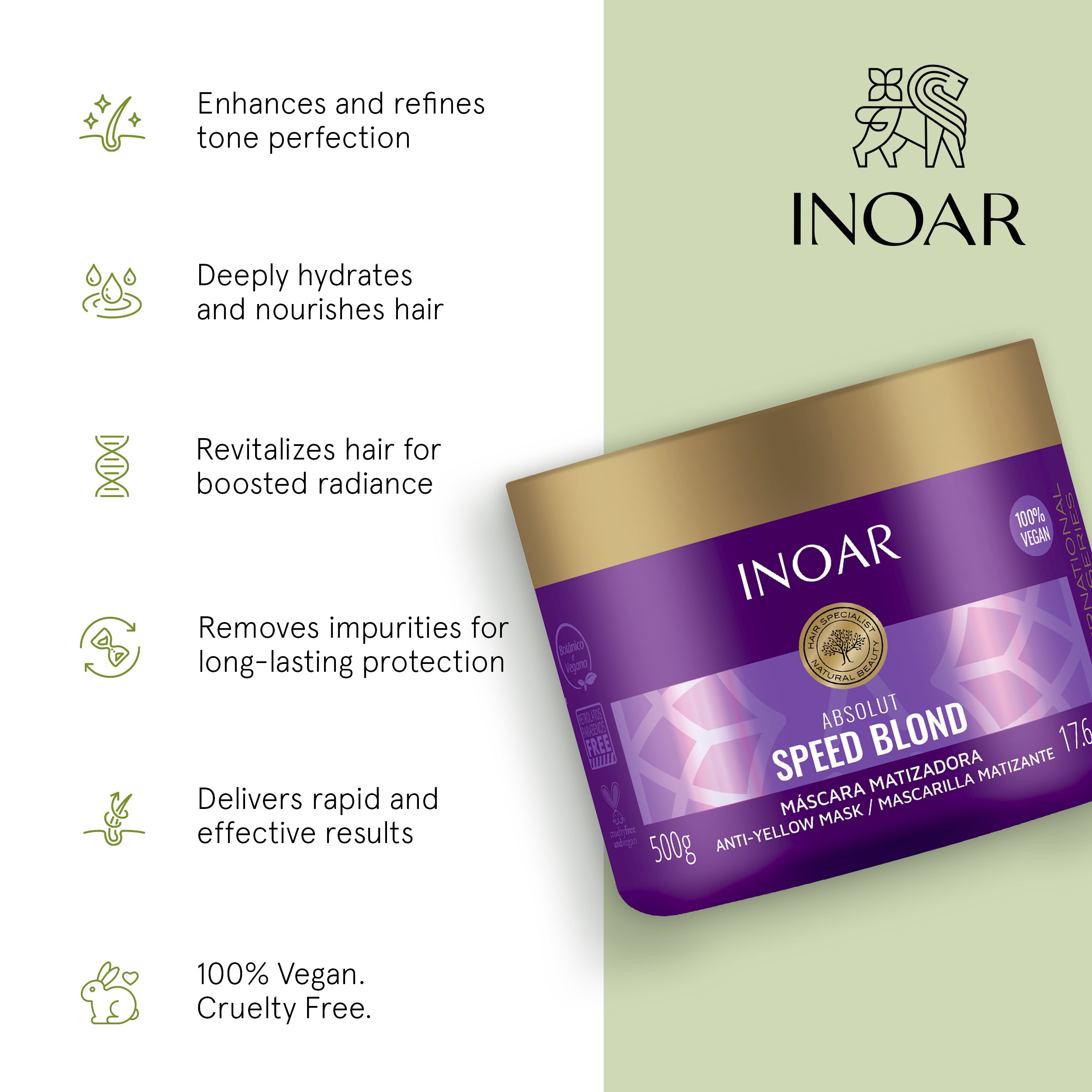INOAR Speed Blond mask for highlighted and bleached hair. Deep hydrating blonde hair mask for softness and shine
