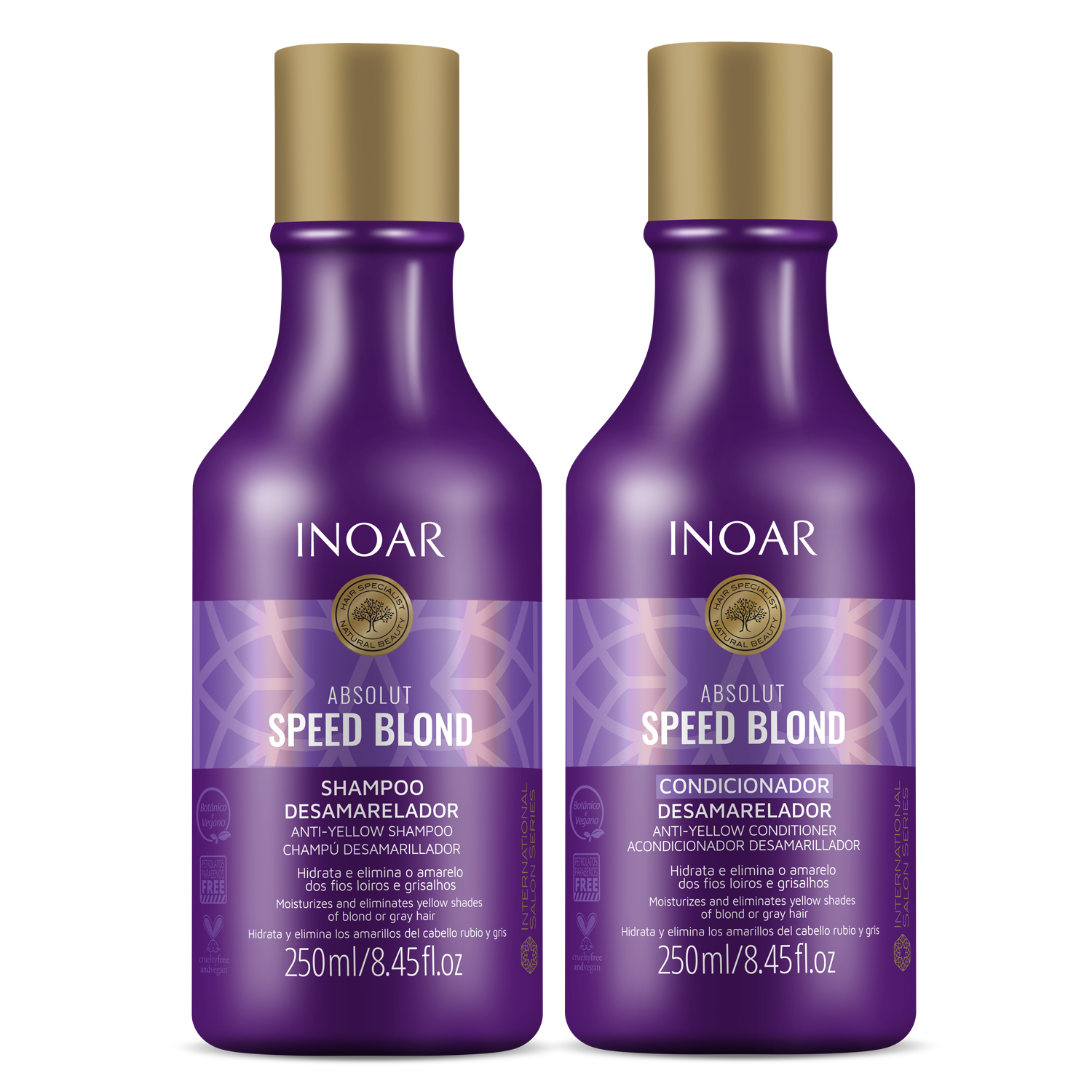 INOAR Absolut Speed Blond shampoo and conditioner close-up