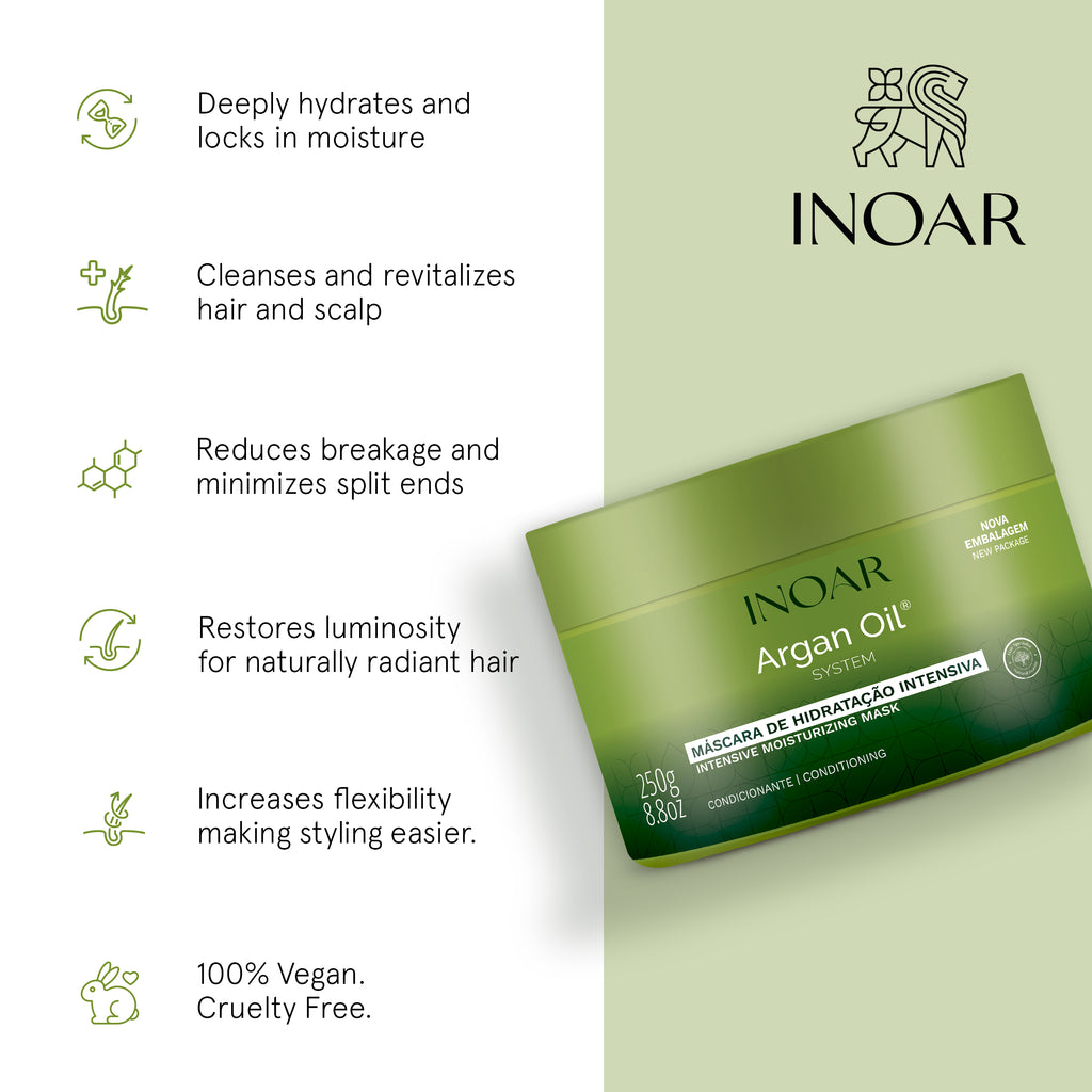 INOAR Argan Oil System Hair Mask for deep hydration, frizz control, and shine for dry hair. Deep hydrating