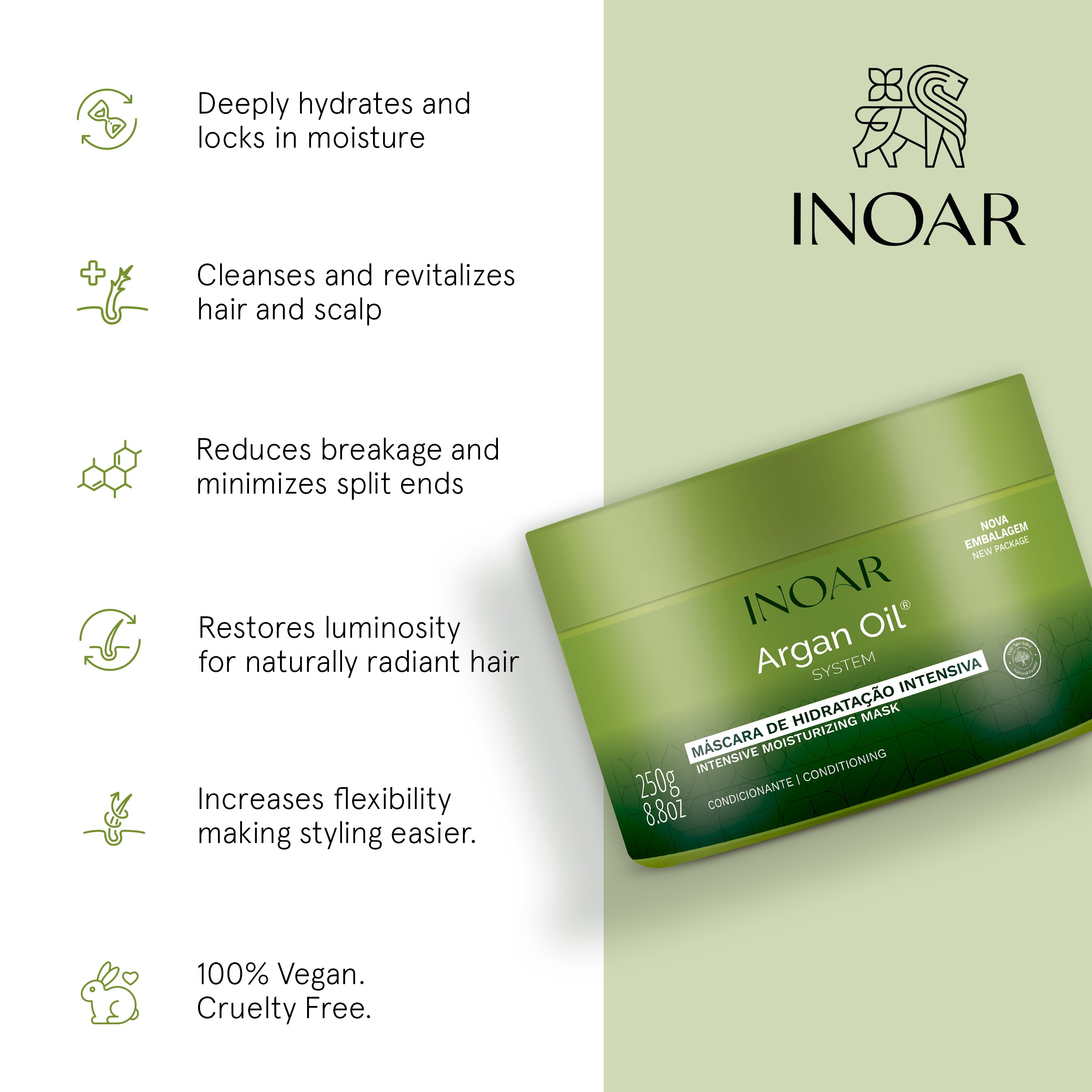 INOAR Argan Oil System Hair Mask for deep hydration, frizz control, and shine for dry hair. Deep hydrating