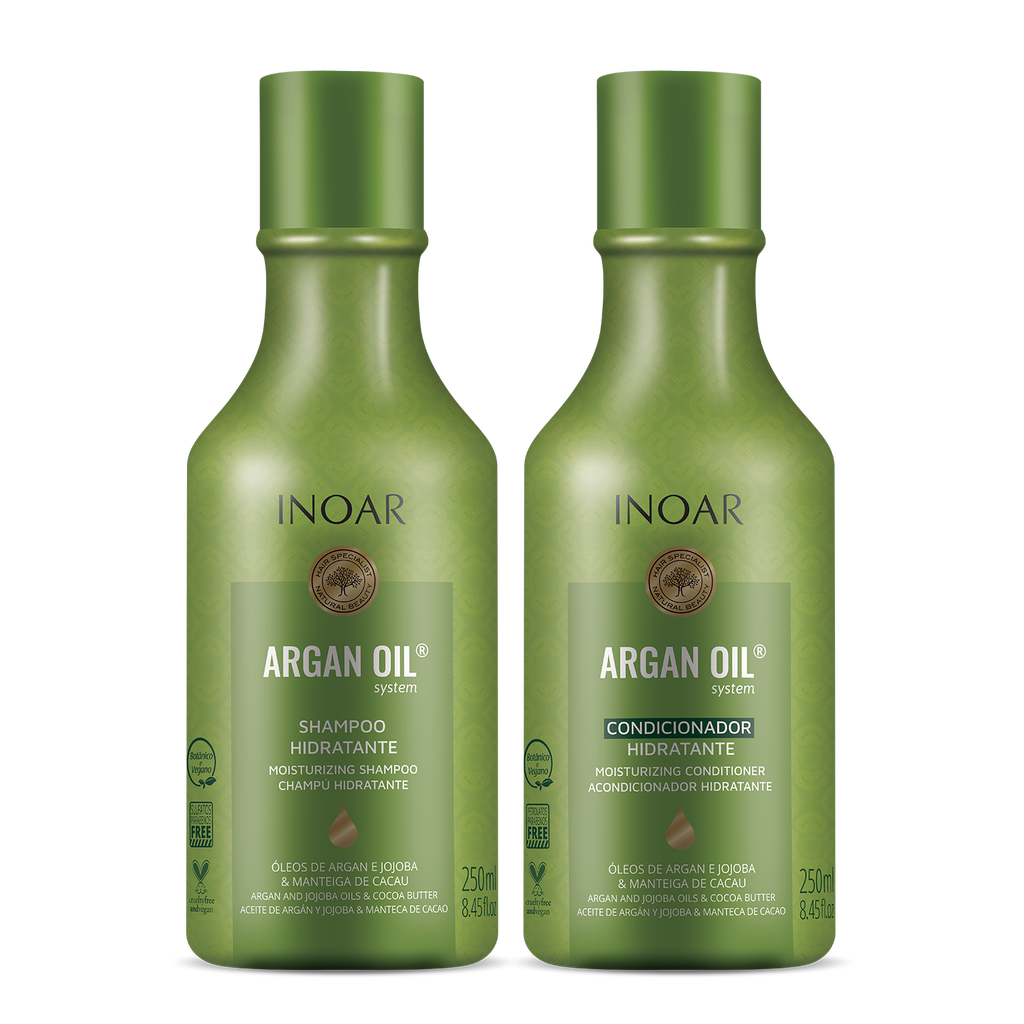 Argan oil shampoo and conditioner set for hydration, shine, and frizz control. 2 bottles 250 ml
