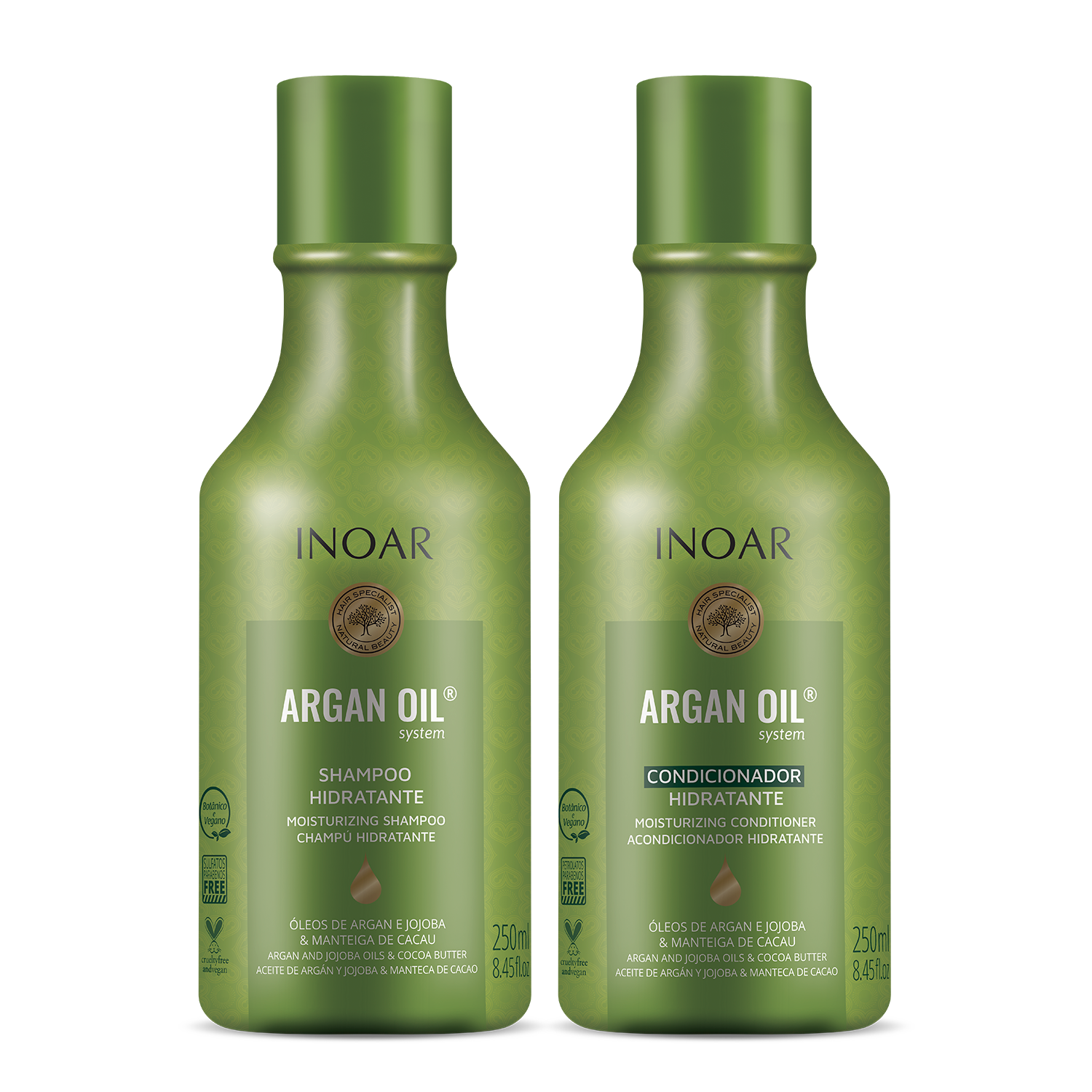 Argan oil shampoo and conditioner set for hydration, shine, and frizz control. 2 bottles 250 ml