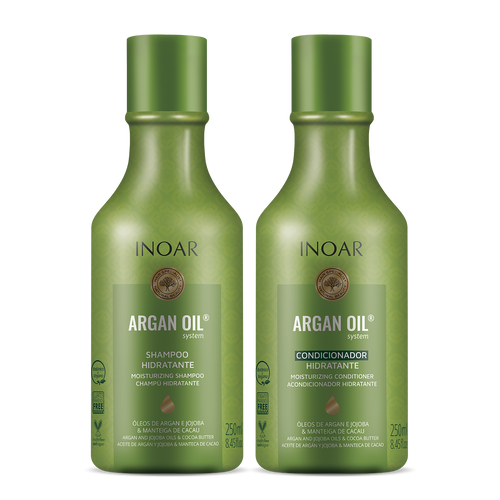Argan oil shampoo and conditioner set for hydration, shine, and frizz control. 2 bottles 250 ml