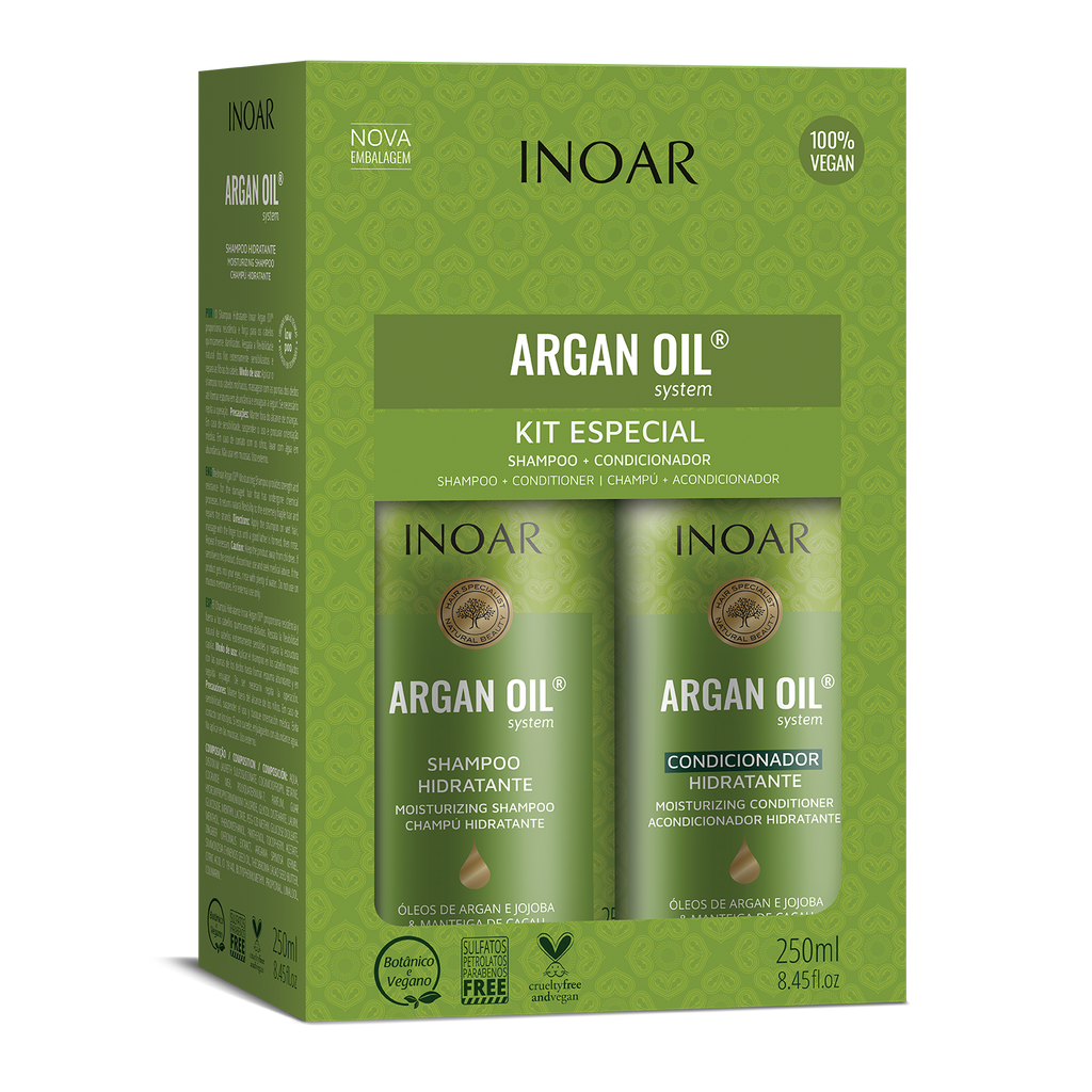 INOAR Argan Oil System Hydrating Duo Kit with shampoo and conditioner for dry and frizzy hair