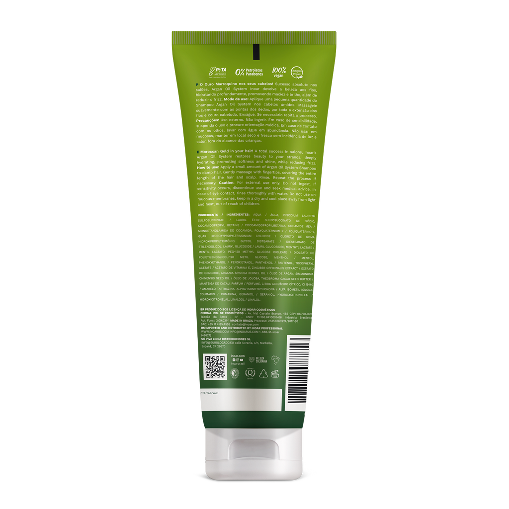 Hydrate, smooth, and detangle hair with INOAR Argan Oil System Shampoo. Reduces frizz, restores moisture, and boosts softness, shine, and strength.