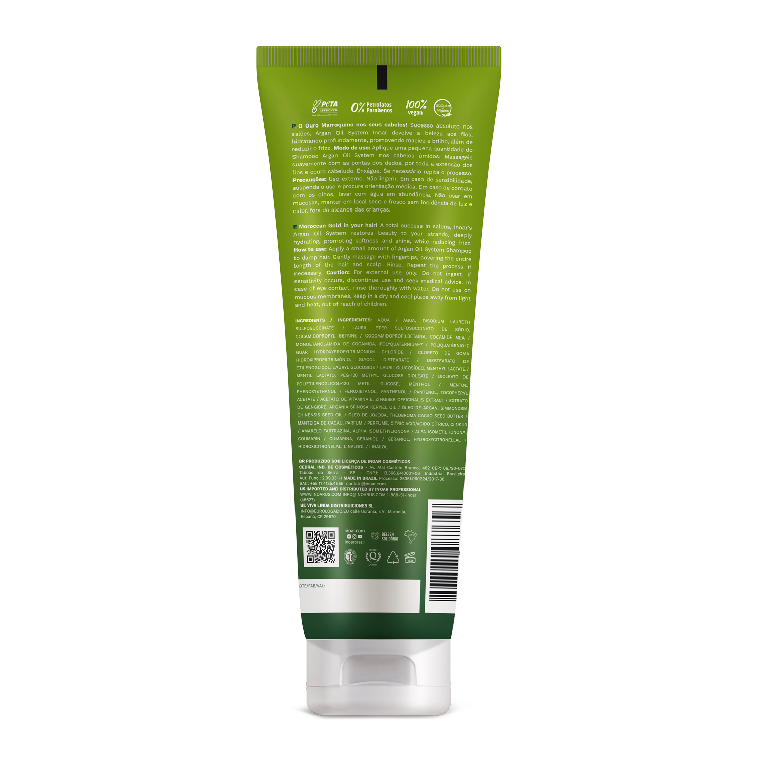 Hydrate, smooth, and detangle hair with INOAR Argan Oil System Shampoo. Reduces frizz, restores moisture, and boosts softness, shine, and strength.
