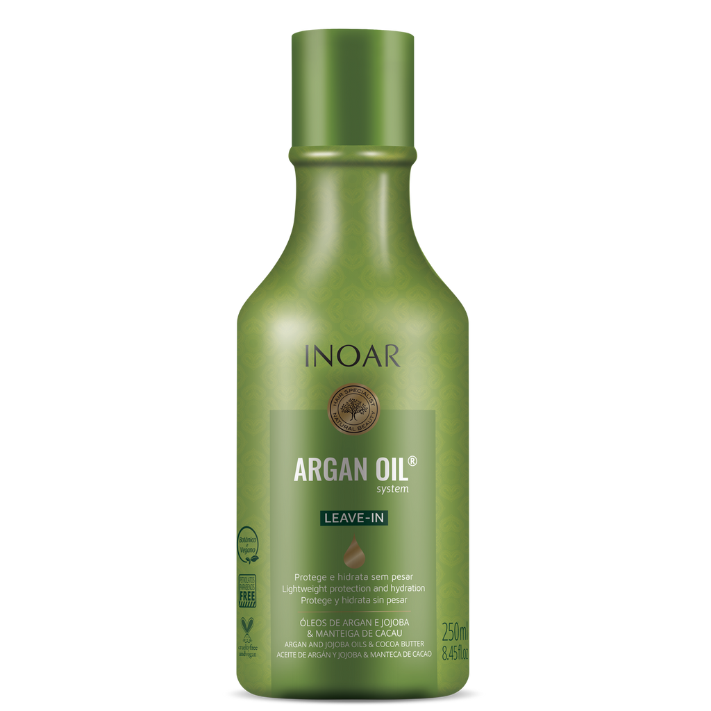 INOAR Argan Oil System Moisturizing Leave-In for heat protection, hydration, and frizz control