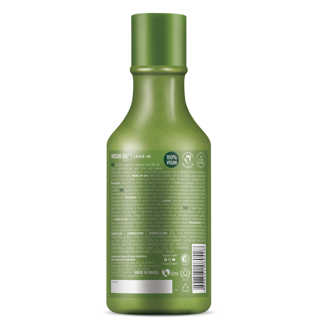 Close-up of INOAR Argan Oil Leave-In showing lightweight moisturizing formula for smooth hair