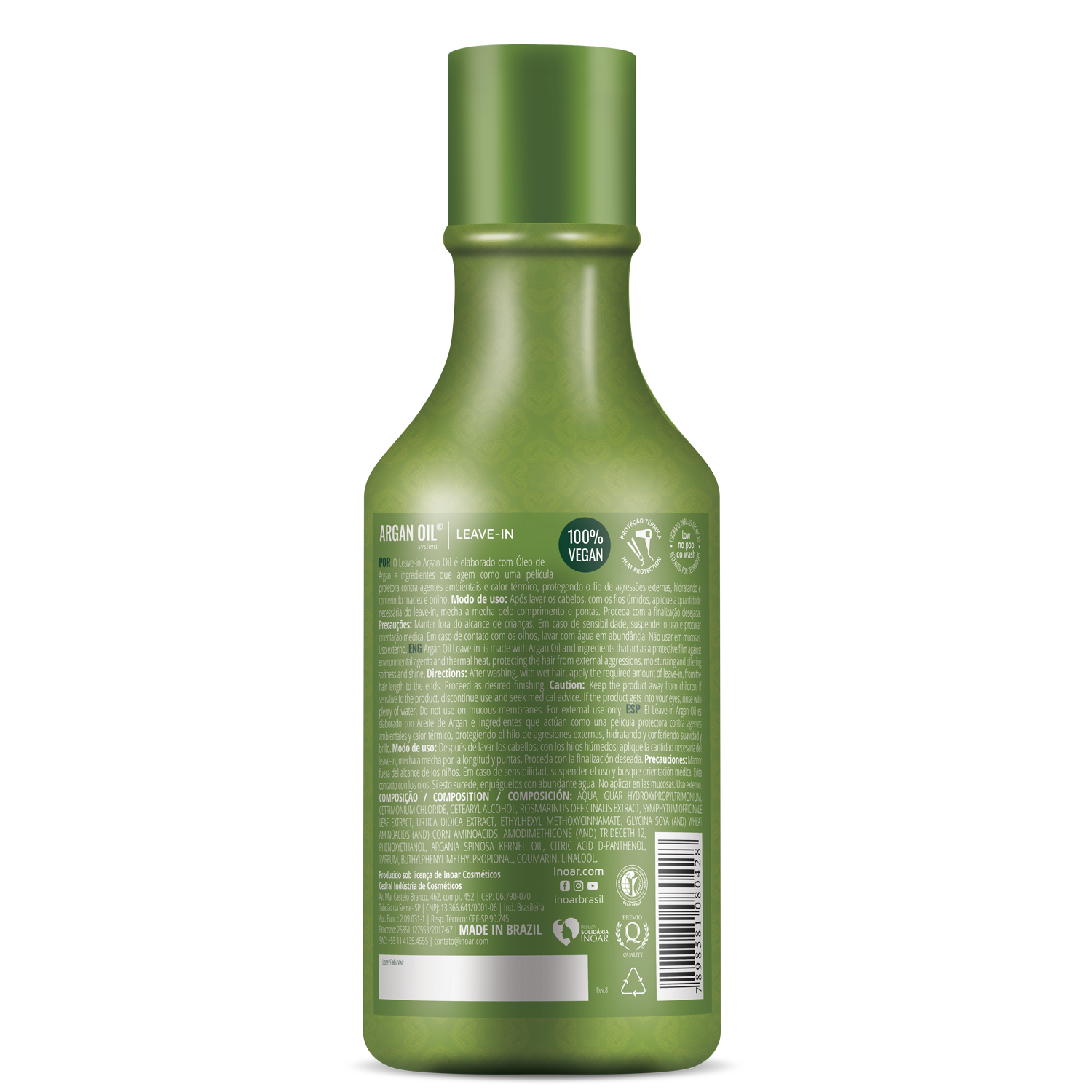 Close-up of INOAR Argan Oil Leave-In showing lightweight moisturizing formula for smooth hair