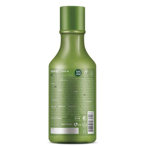 Close-up of INOAR Argan Oil Leave-In showing lightweight moisturizing formula for smooth hair