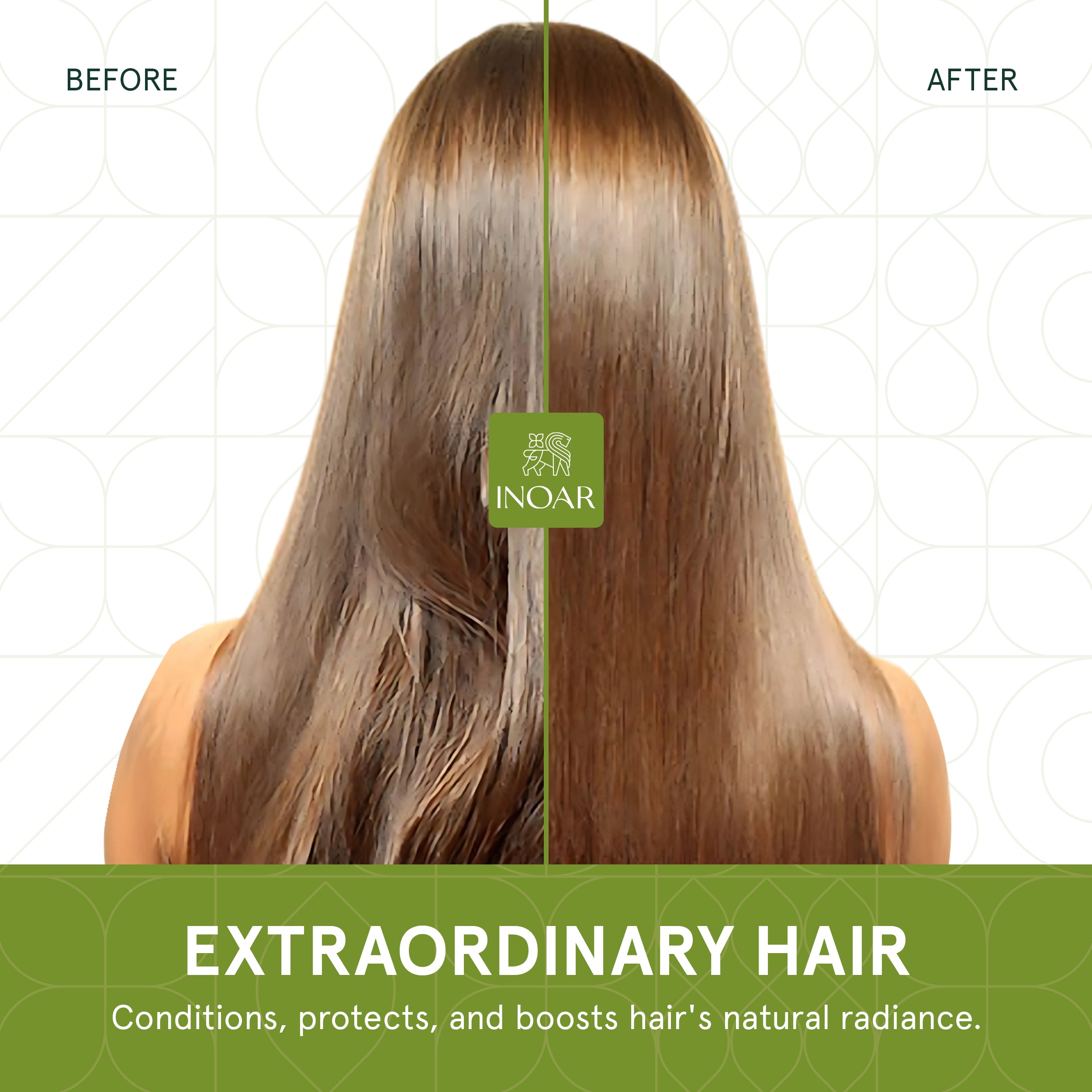 Before and after using INOAR Argan Oil Leave-In showing smoother and shinier hair