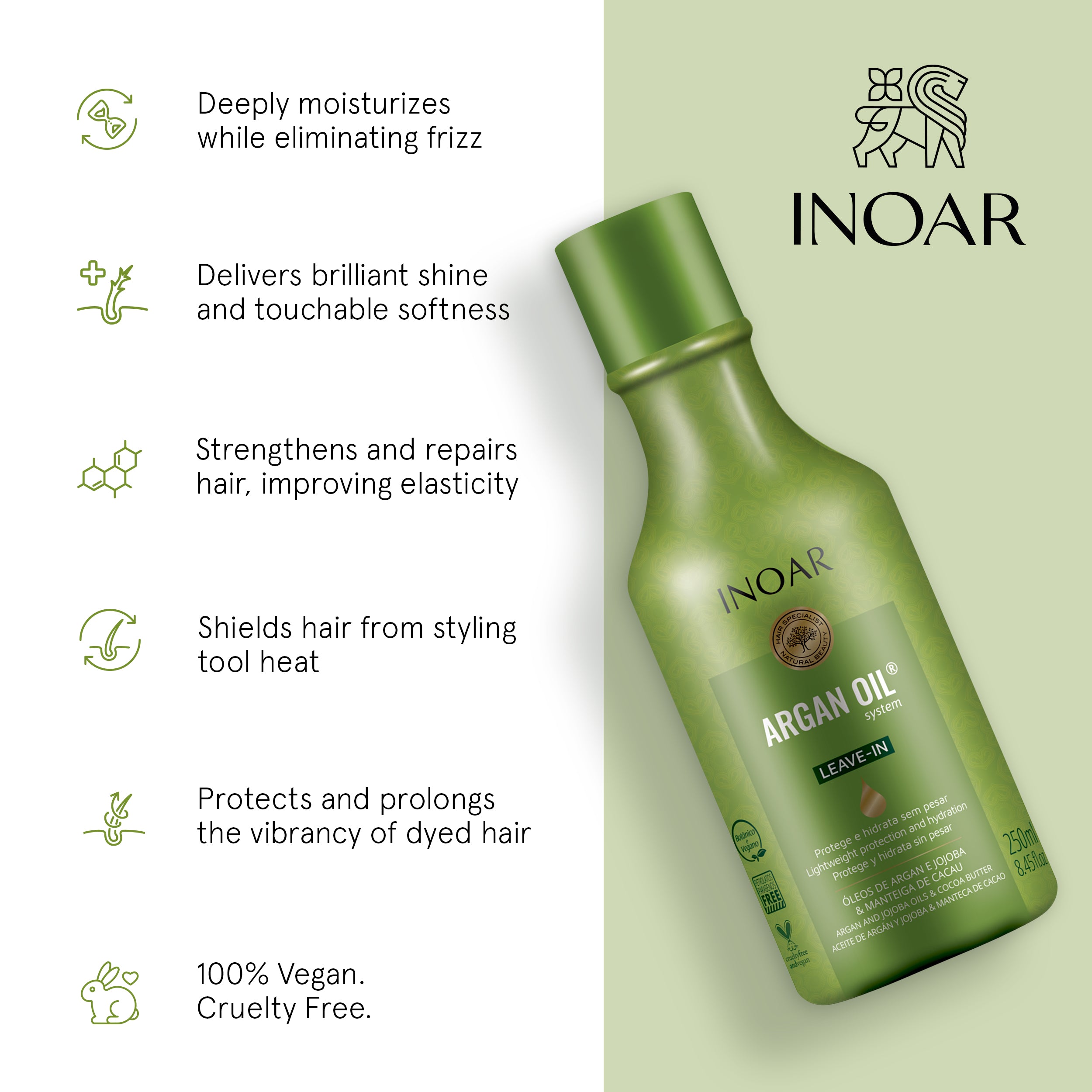 Inoar Argan Oil System, a Daily leave-in conditioner for hydration, frizz control, and shine enhancement