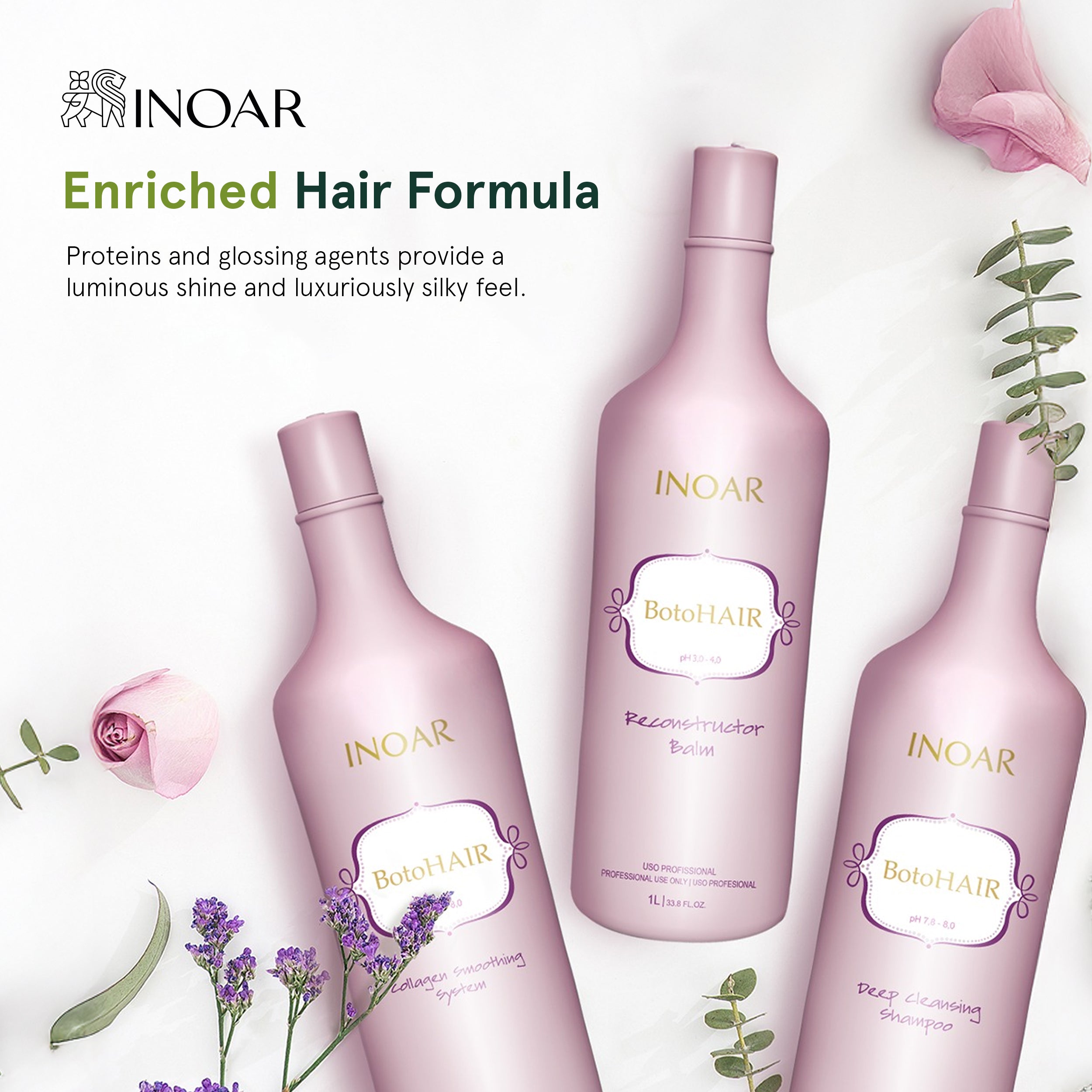 Botox. Hair smoothing system with proteins, glossing agents, collagen, and keratin