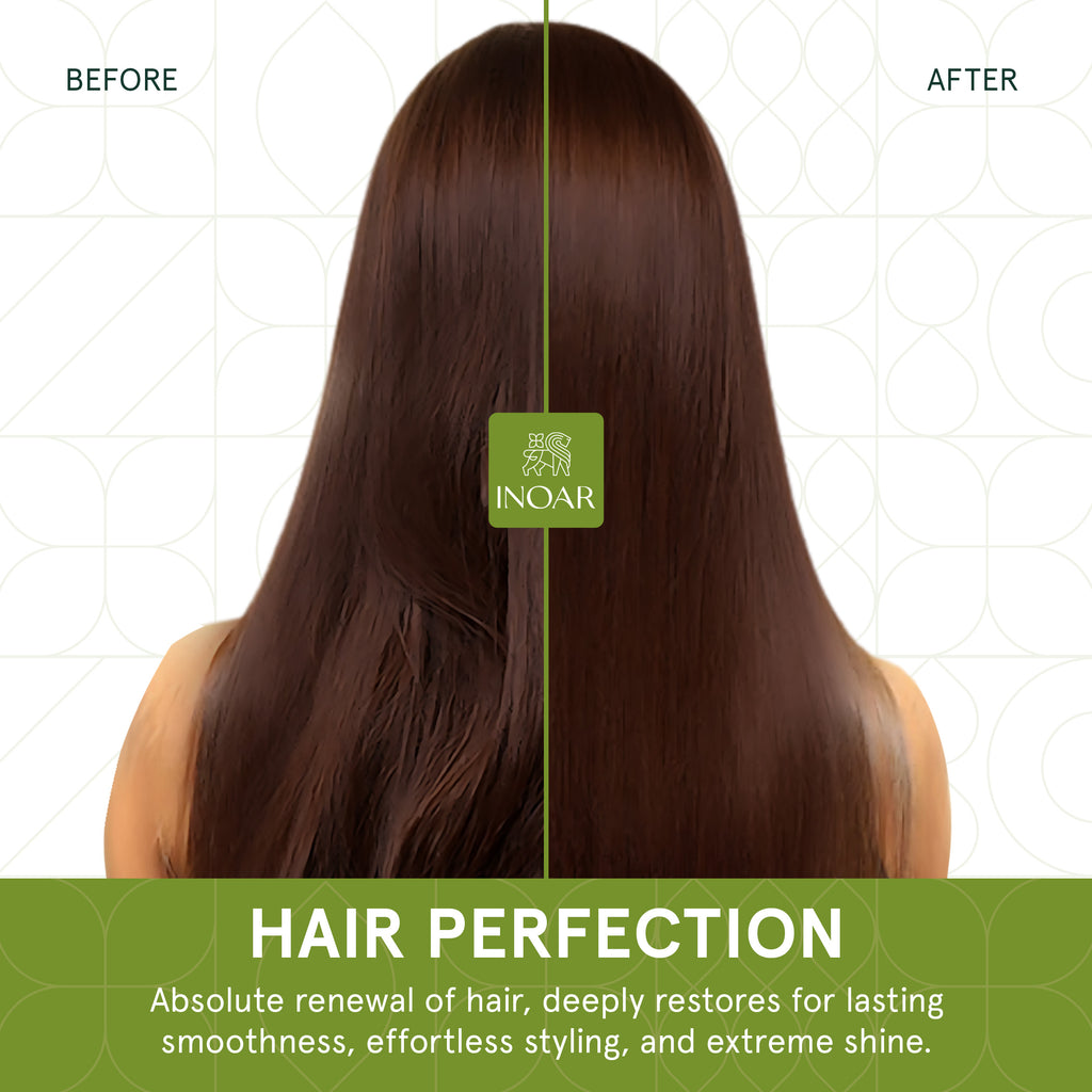 INOAR Cicatrifios Before and after. Progressive volume reducing hair treatment for smooth hair