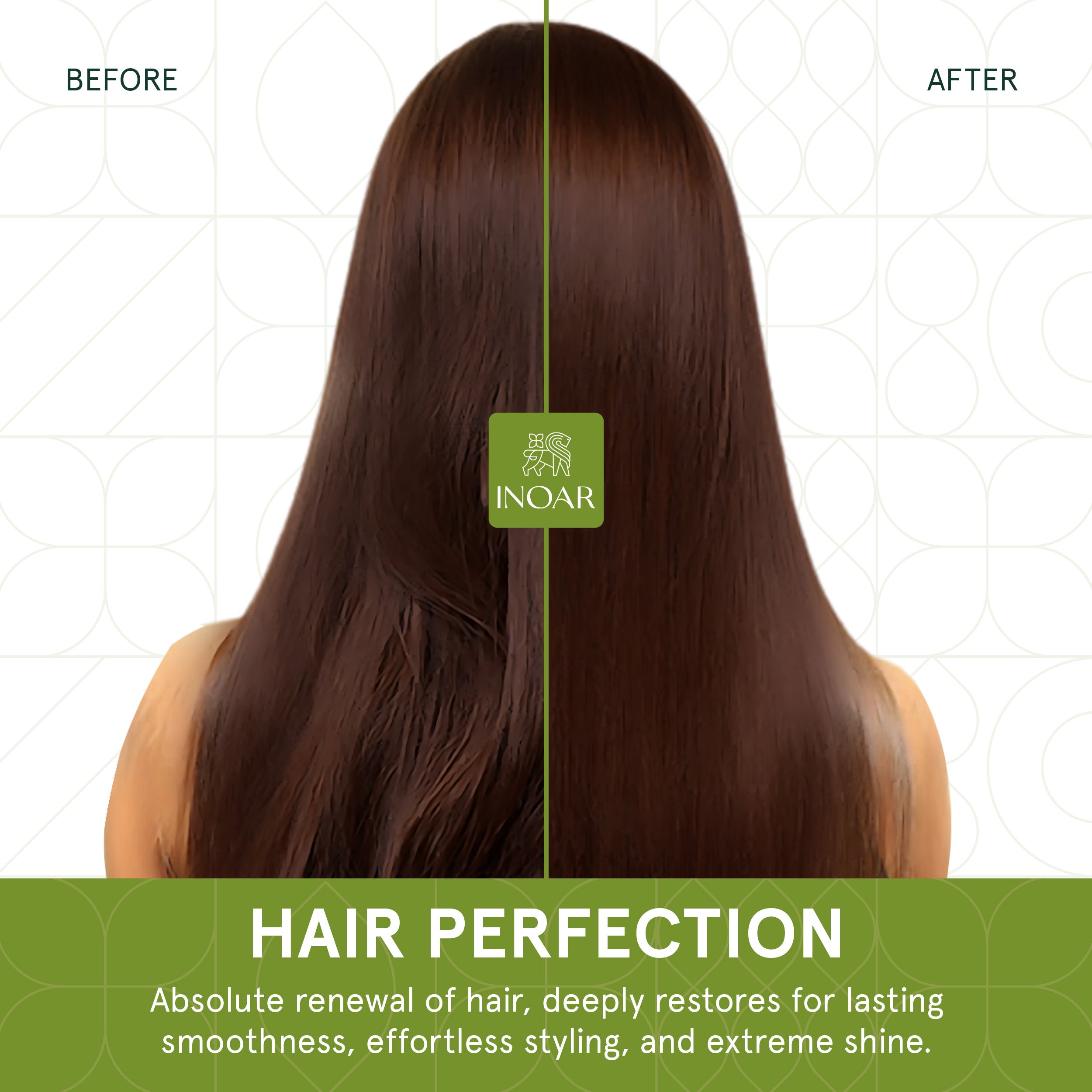 INOAR Cicatrifios Before and after. Progressive volume reducing hair treatment for smooth hair