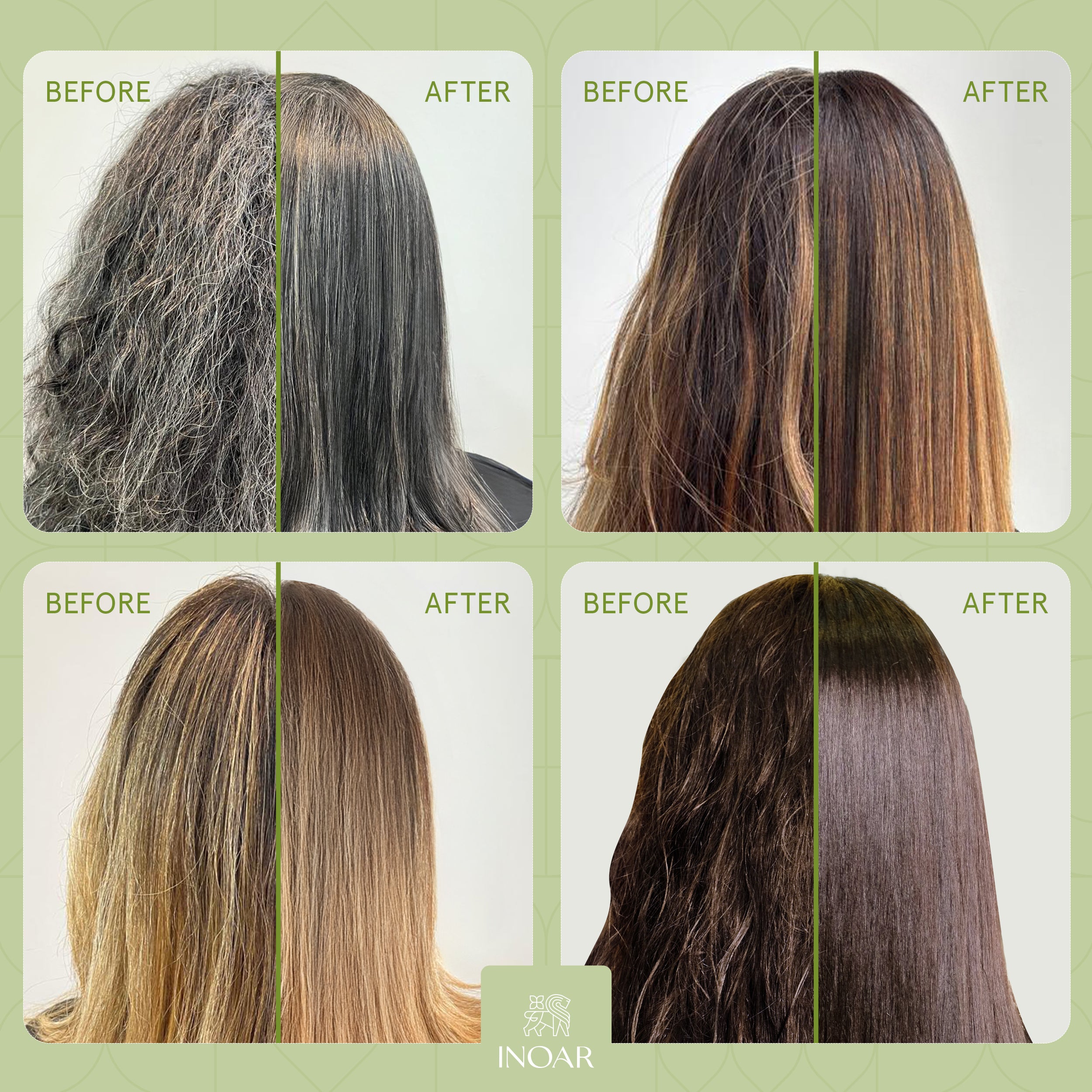 INOAR Cicatrifios befor and after, all types of hair, smooth result