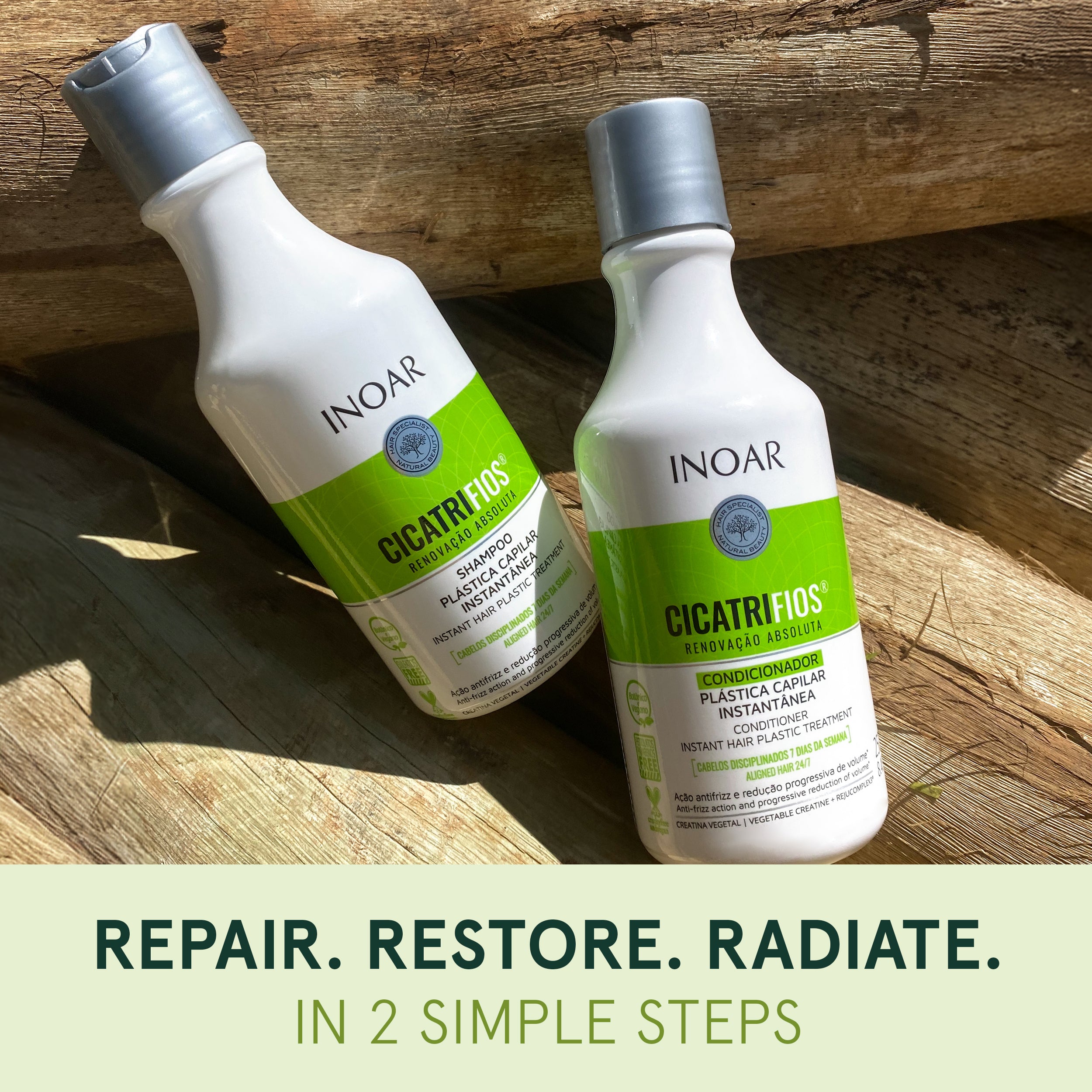 INOAR Cicatrifios Shampoo and Conditioner Kit. Professional hair renewal treatment for dry and unruly hair