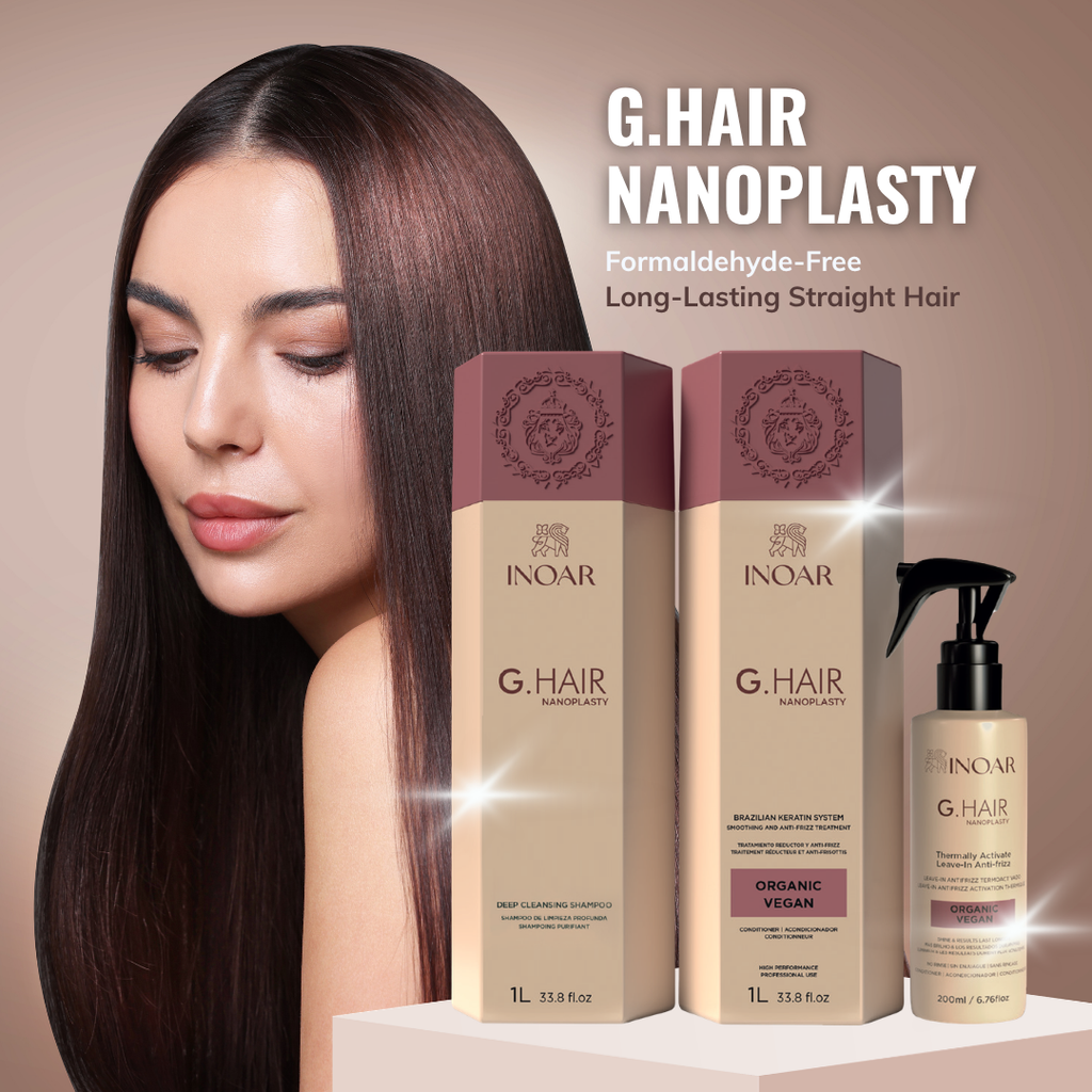 Get an Ultra-smooth, frizz-free, long-lasting straight hair—without formaldehyde. INOAR G.Hair Nanoplasty is an advanced professional straightening system.