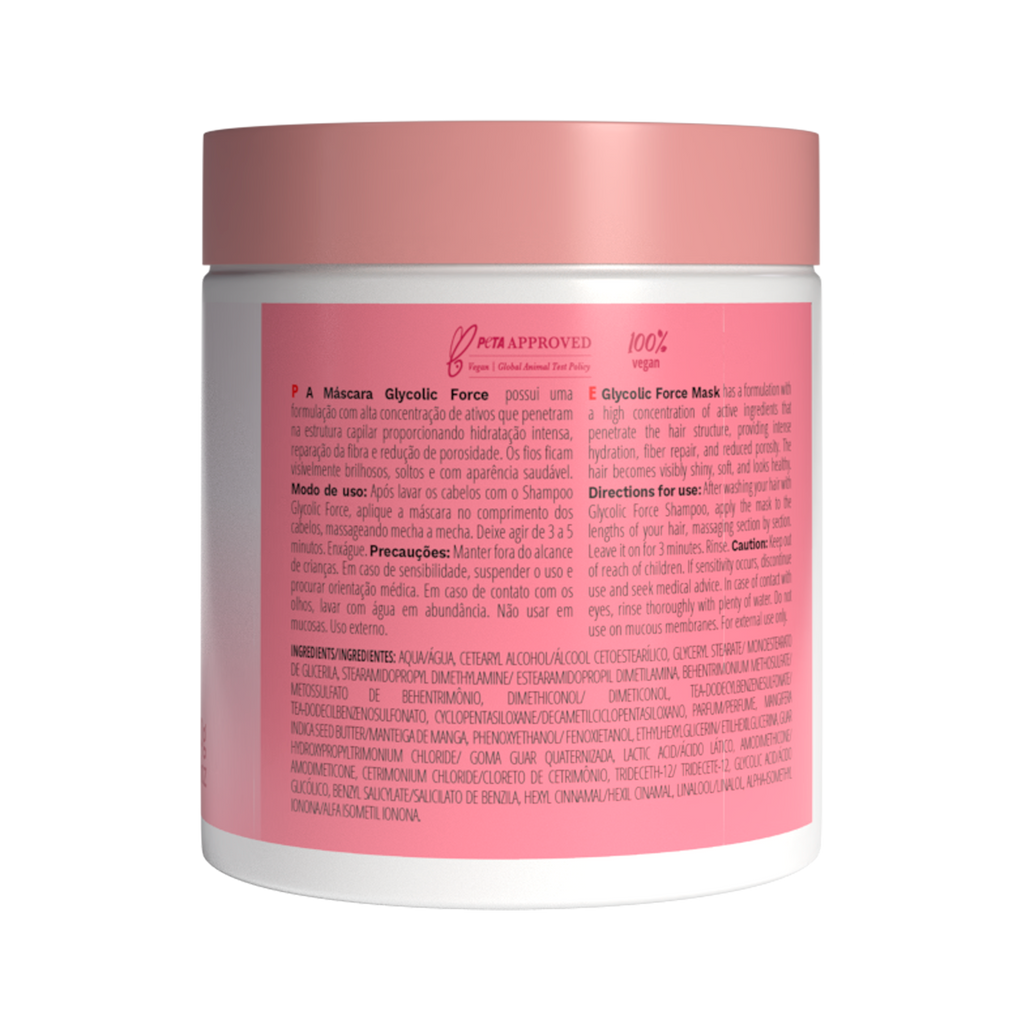 Close-up of INOAR Glycolic Force Hair Mask showing rich hydrating formula with glycolic acid