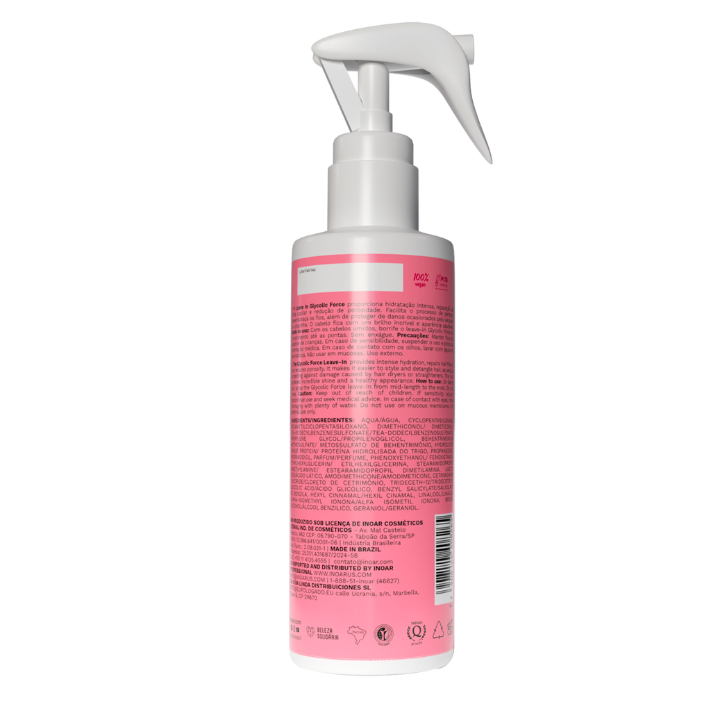 Close-up of INOAR Glycolic Force Leave-In showing lightweight glossy hair formula