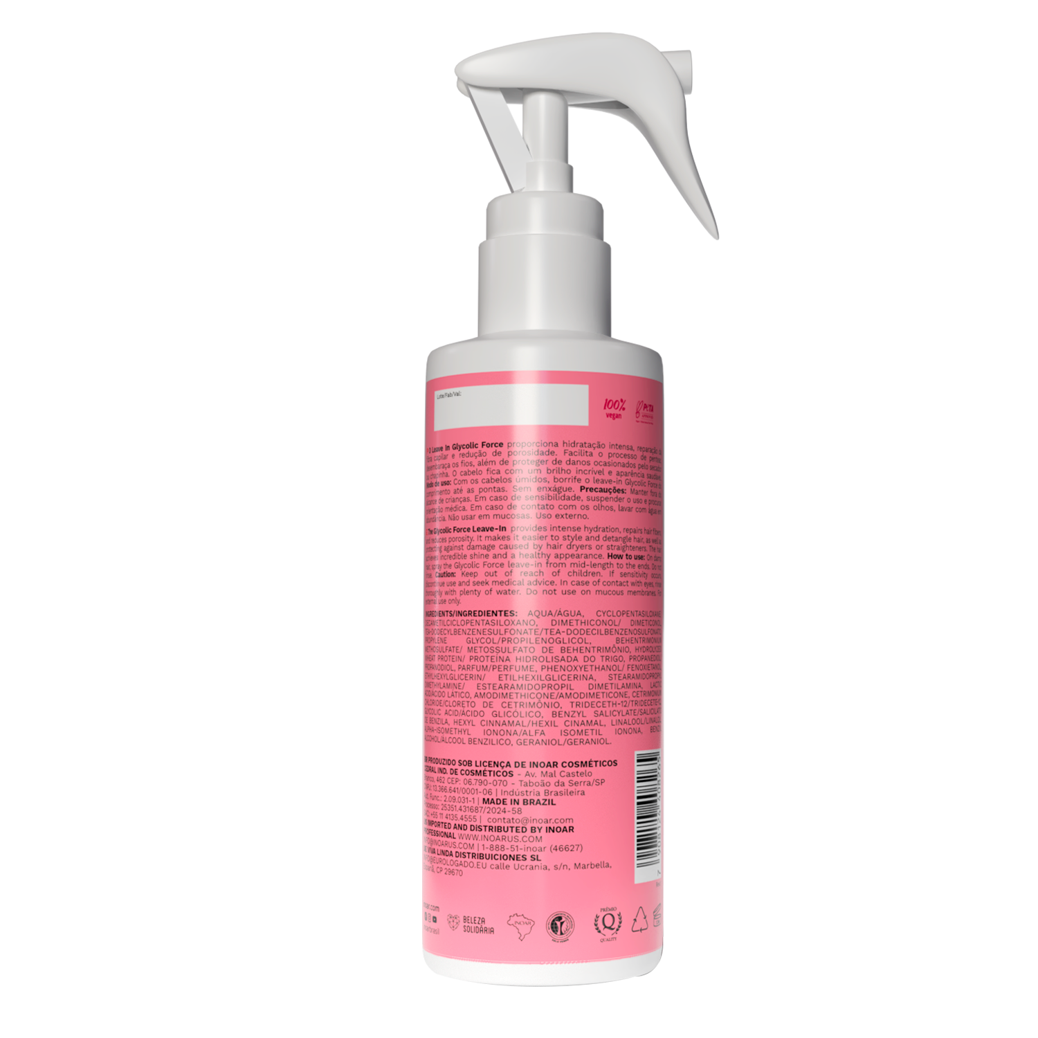 Close-up of INOAR Glycolic Force Leave-In showing lightweight glossy hair formula