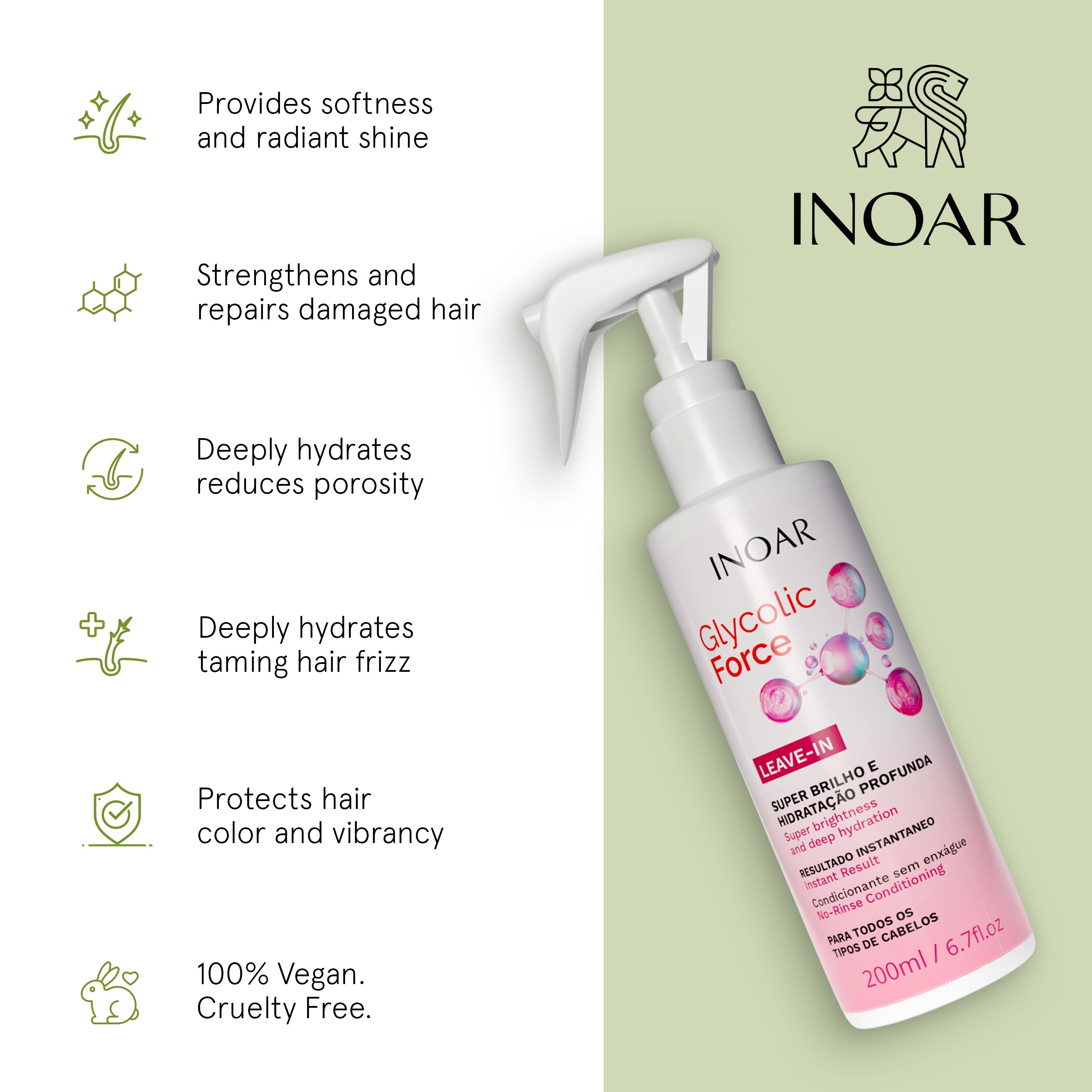 Hydrating leave-in treatment for dry and dull hair with glycolic acid.Proides softeness, strengh, hydrates and repairs