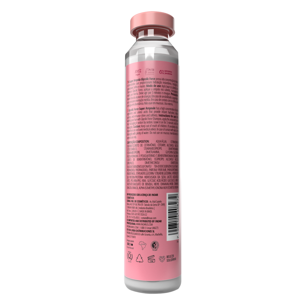 Close-up of INOAR Glycolic Force ampoule showing concentrated glossy hair treatment formula and ingredients