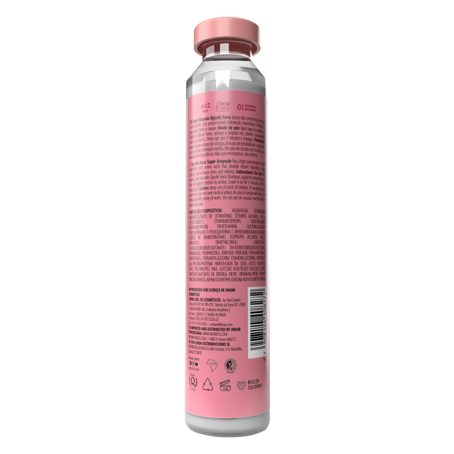 Close-up of INOAR Glycolic Force ampoule showing concentrated glossy hair treatment formula and ingredients