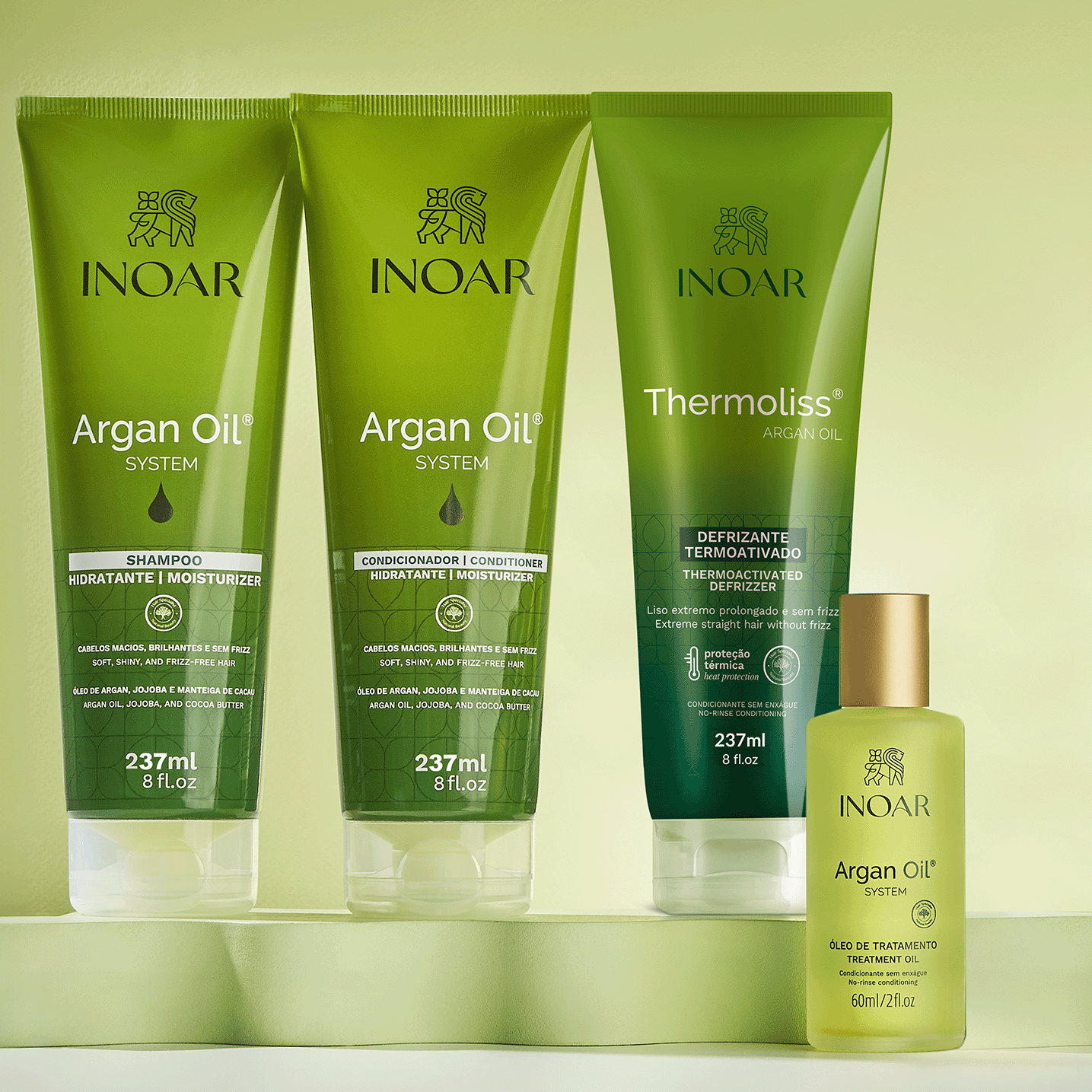 INOAR Argan Oil System Kit with shampoo, conditioner, thermoliss balm, and hair serum for smooth and frizz-free hair