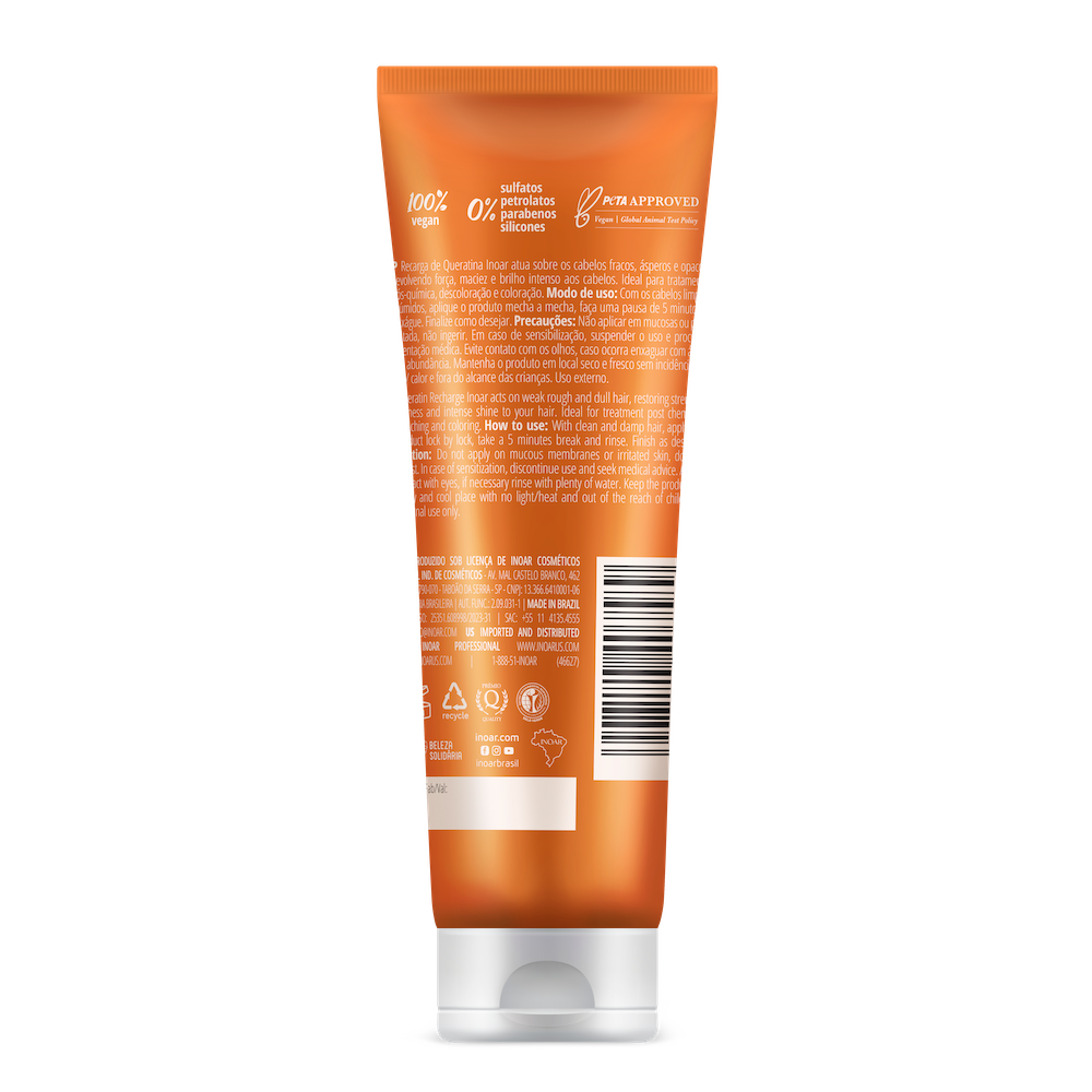 INOAR Keratin Recharge Cream close-up. Keratin-rich cream treatment for restoring shine and elasticity to damaged hair