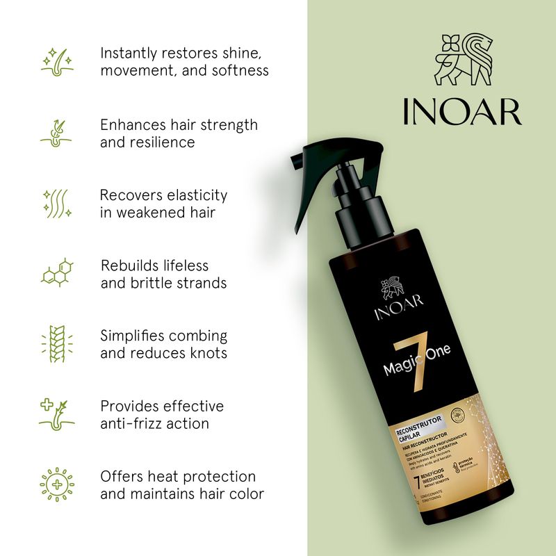Repair and strengthen damaged hair with INOAR Magic One 7 Reconstructor. Hydrates, restores, and improves elasticity with amino acids and keratin