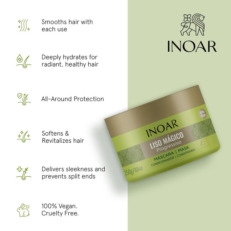 INOAR Magic Straight Hair Mask for deep hydration and frizz control for dry damaged hair characteristics