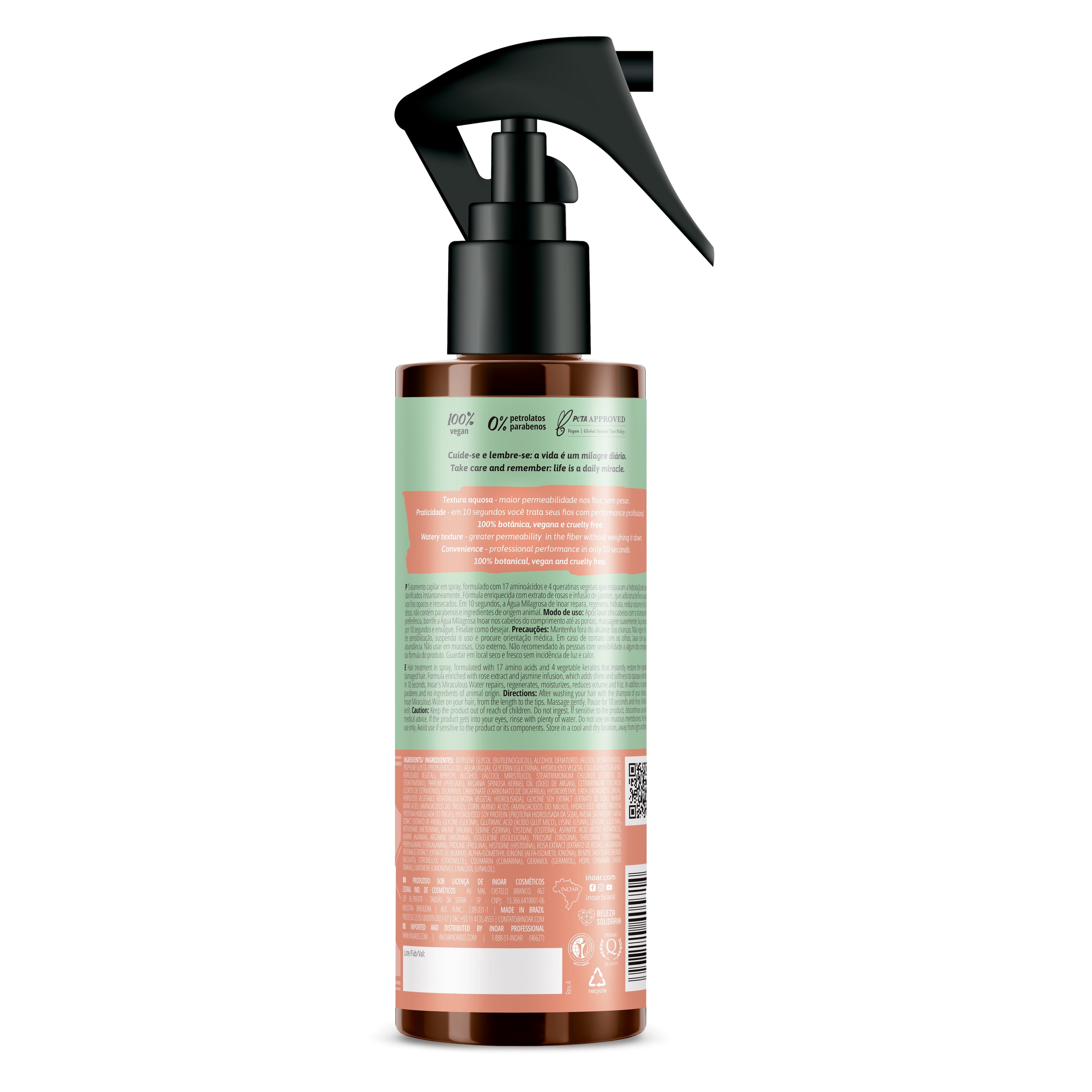 Close-up of INOAR Miraculous Water spray showing lightweight hair repair formula with amino acids and keratin