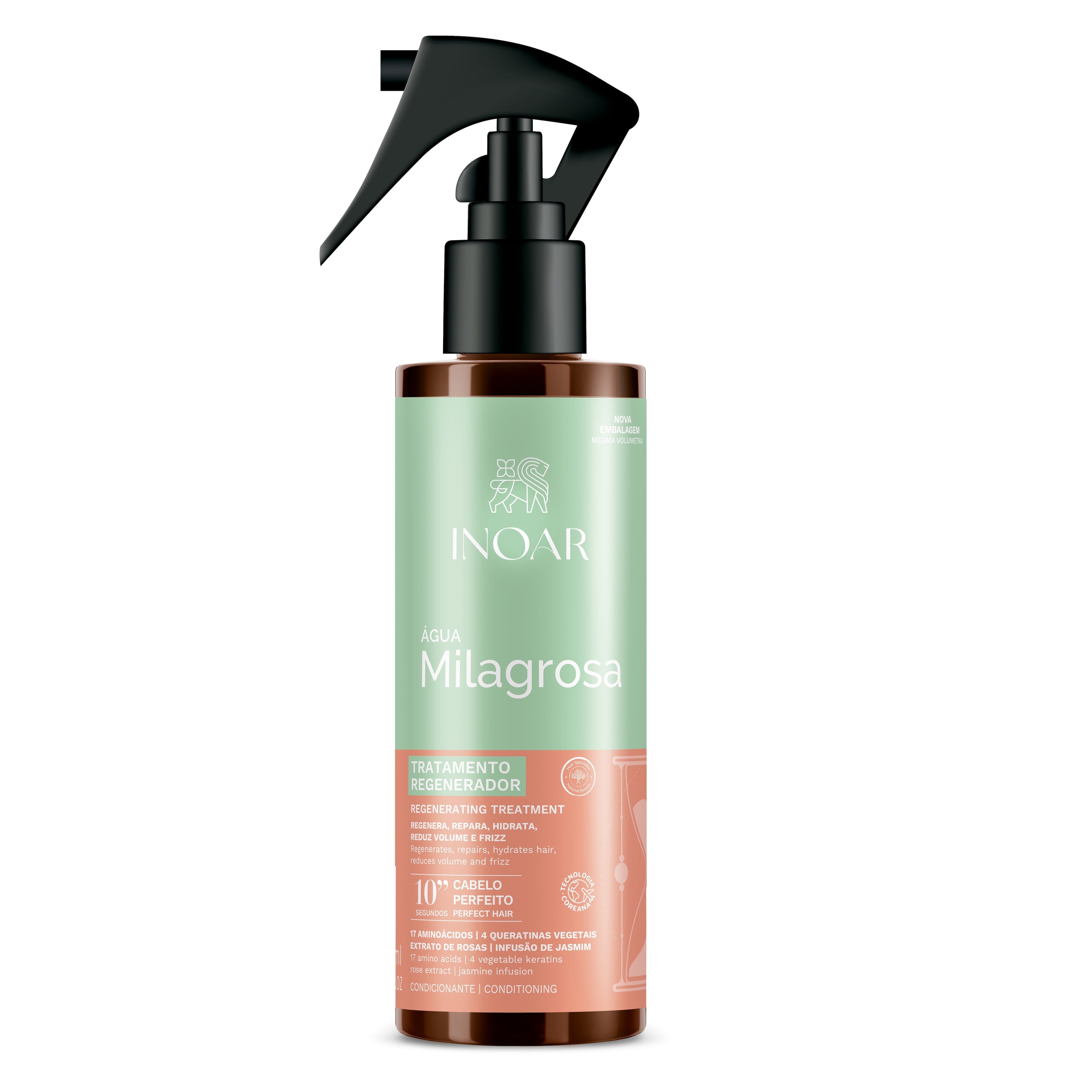 INOAR Miraculous Water spray showing lightweight hair repair formula with amino acids and keratin