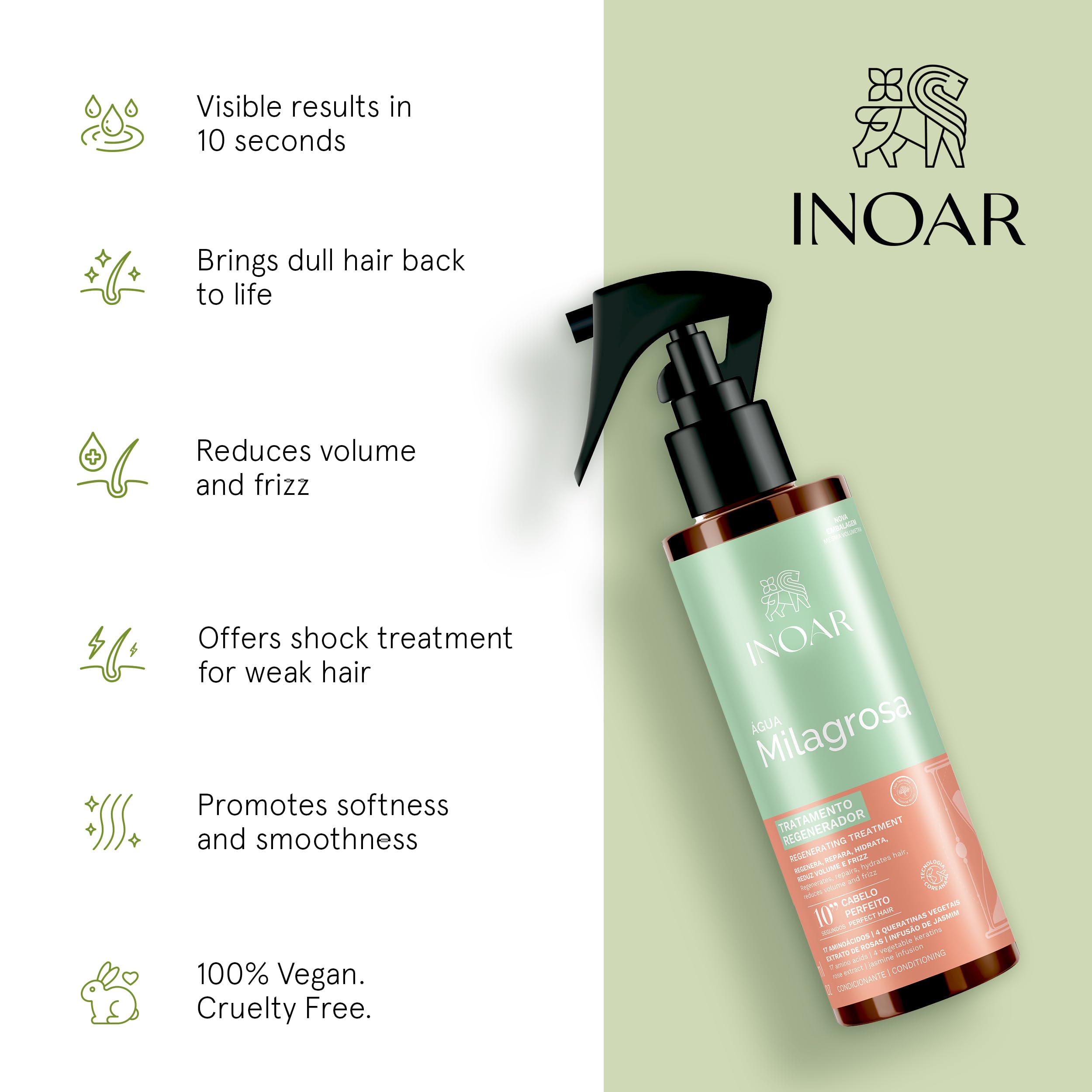 INOAR Miraculous Water spray treatment key benefits. Hair repair formula with amino acids and plan base keratins. 100% vegan