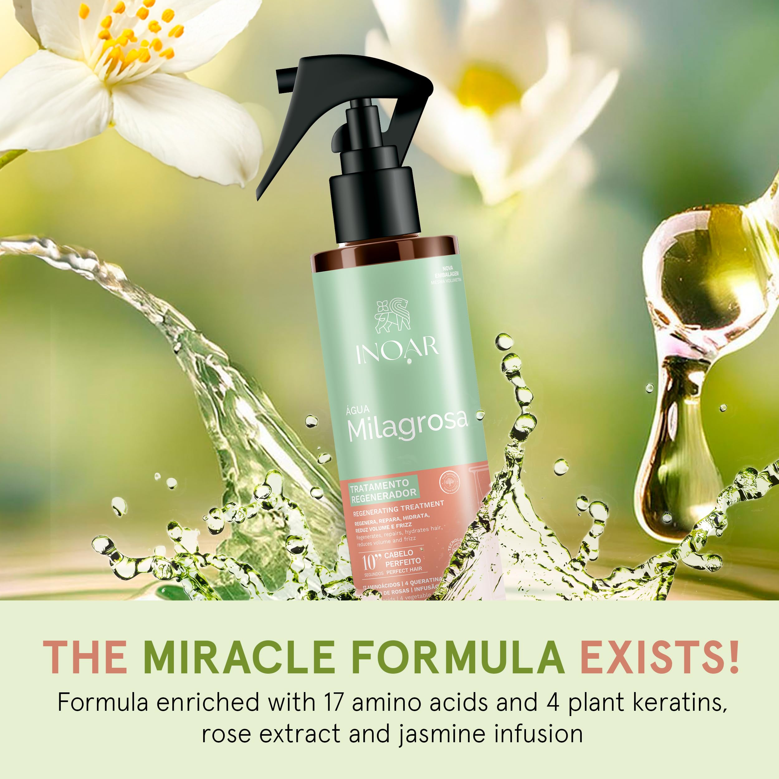 Apply INOAR Miraculous Water spray treatment to damaged hair for hydration, strengthening, and smoothness