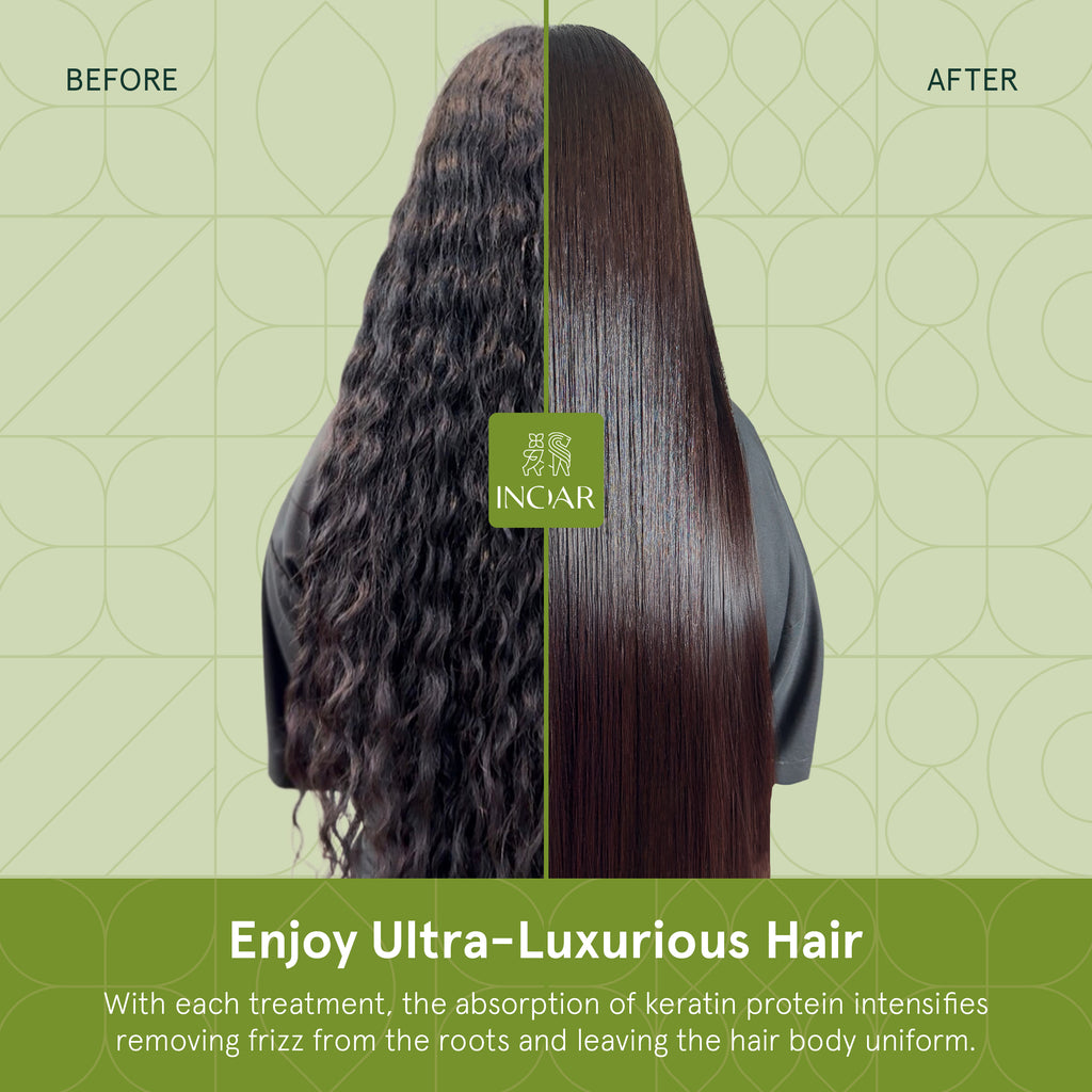 Smooth shiny hair with INOAR Moroccan Keratin System. Before and after 