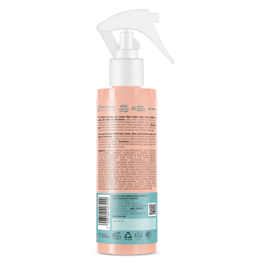 INOAR curl activator bottle close-up. Curl activator for wavy, curly, afro, textured and coily hair
