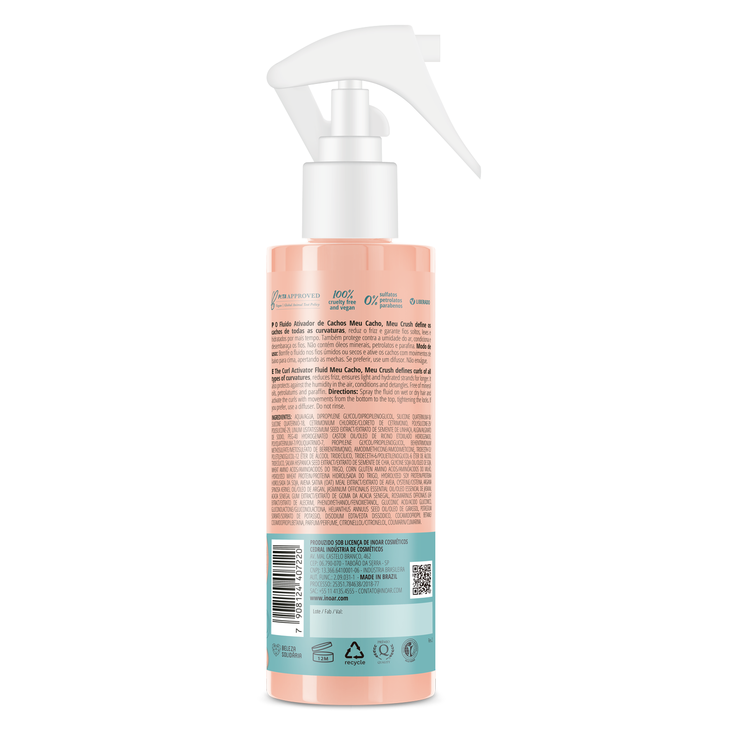 INOAR curl activator bottle close-up. Curl activator for wavy, curly, afro, textured and coily hair