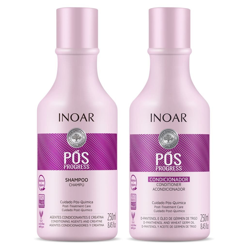 INOAR Post Progress shampoo and conditioner close-up.Hair maintenance shampoo and conditioner for keratin-treated hair