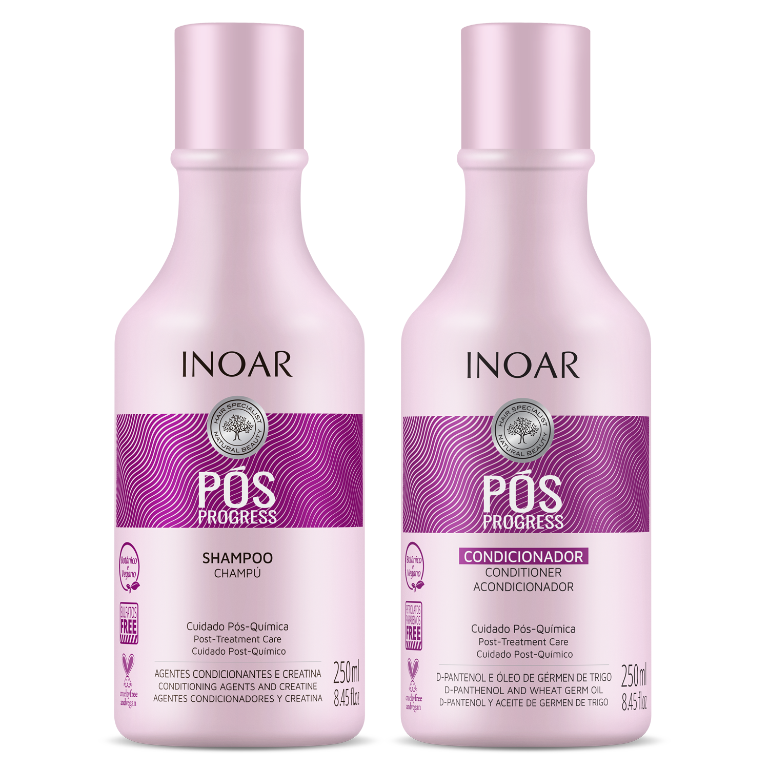 INOAR Post Progress shampoo and conditioner close-up.Hair maintenance shampoo and conditioner for keratin-treated hair