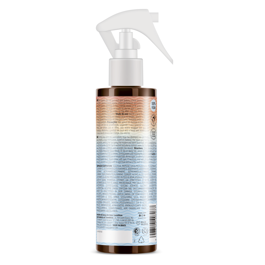 INOAR Beach Waves Texture Spray close-up for textured styling. Lightweight styling spray for soft shiny wavy hair