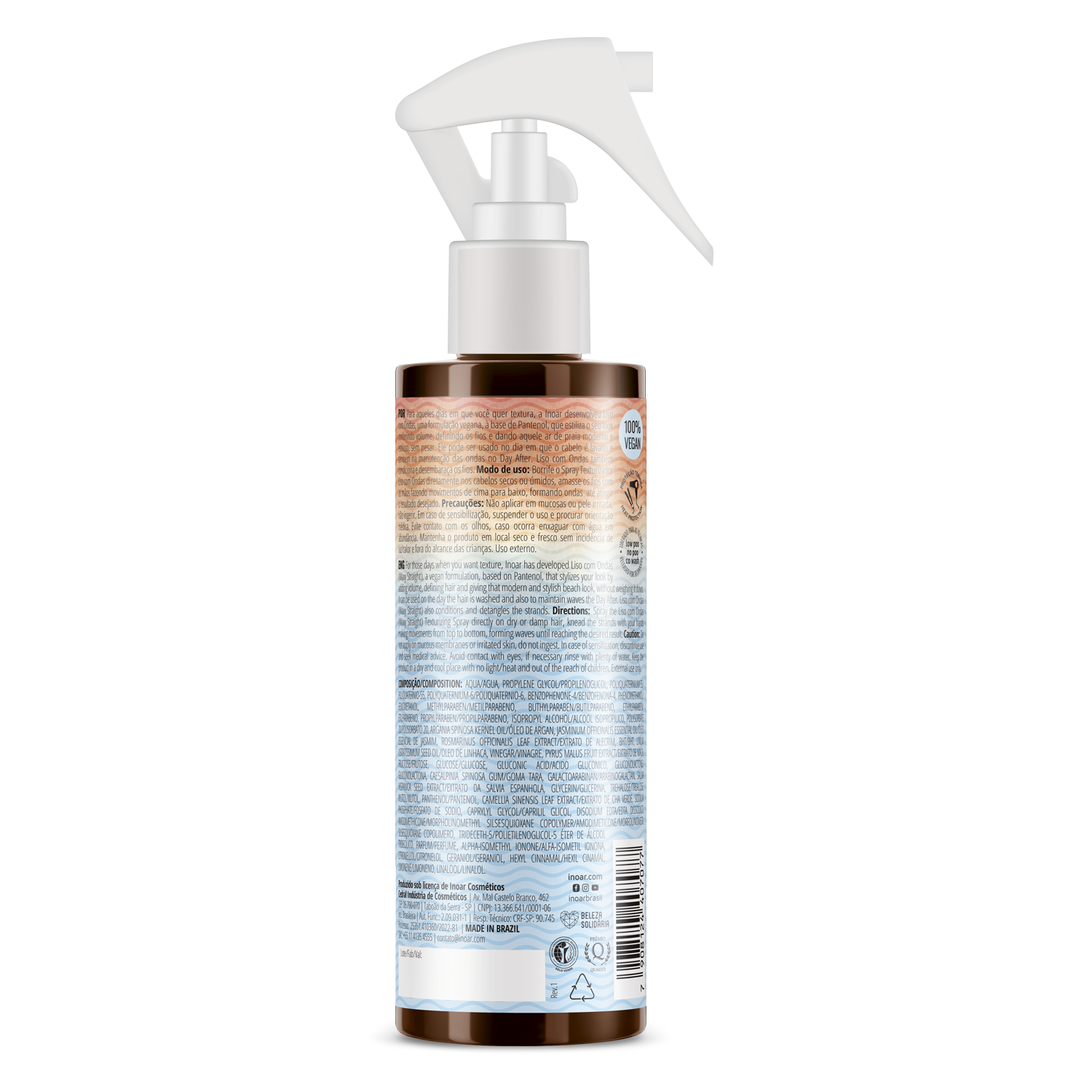 INOAR Beach Waves Texture Spray close-up for textured styling. Lightweight styling spray for soft shiny wavy hair