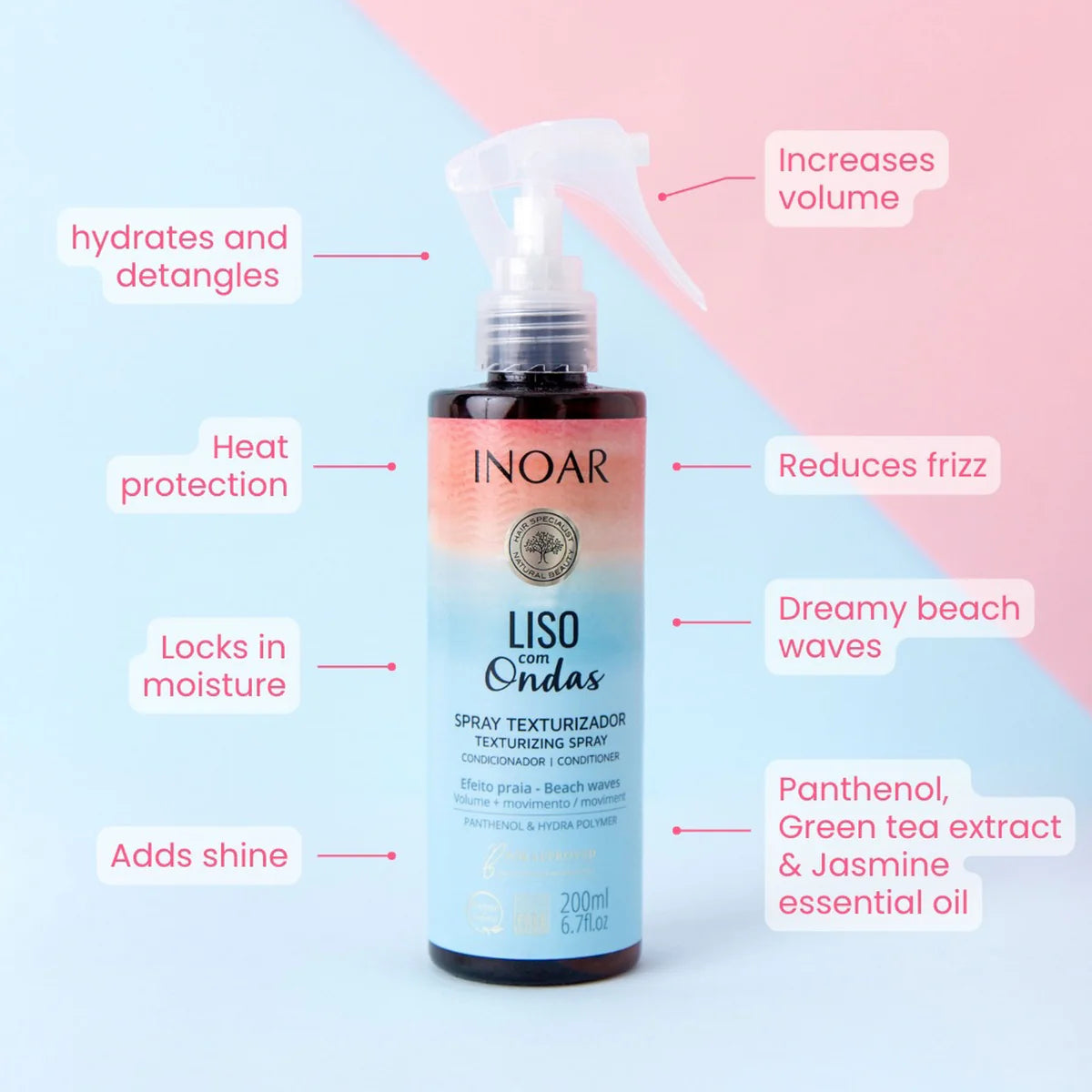 Lightweight styling spray for soft shiny wavy hair.Heat protection, anti frizz, moisture and shine
