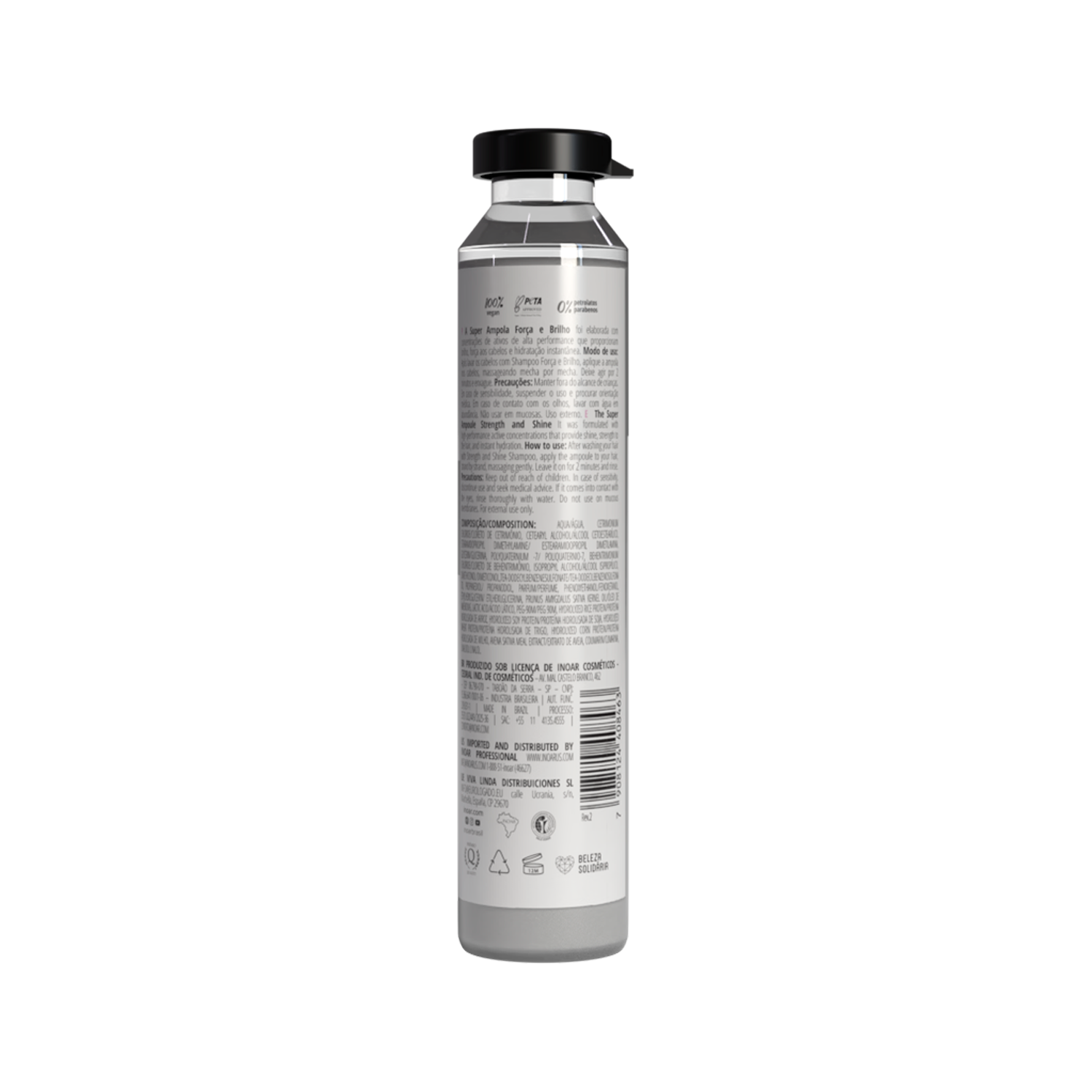 INOAR Strength and Shine ampoule close-up.Intensive hair ampoule with aloe vera and biotin for stronger hair