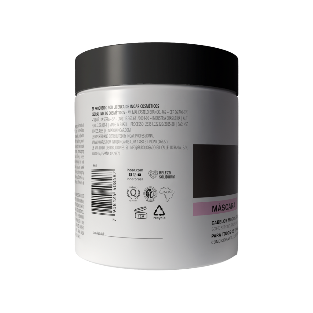 INOAR Strength and Shine Mask close-up. Strengthening hair treatment with aloe vera and biotin