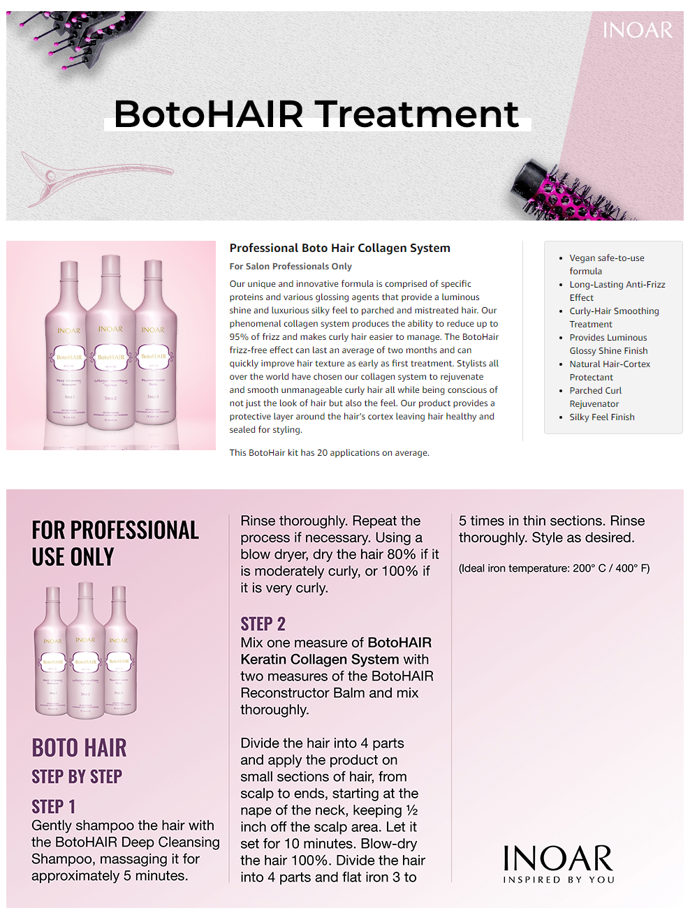Inoar Botohair step by step. Professional salon smoothing treatment for volume control